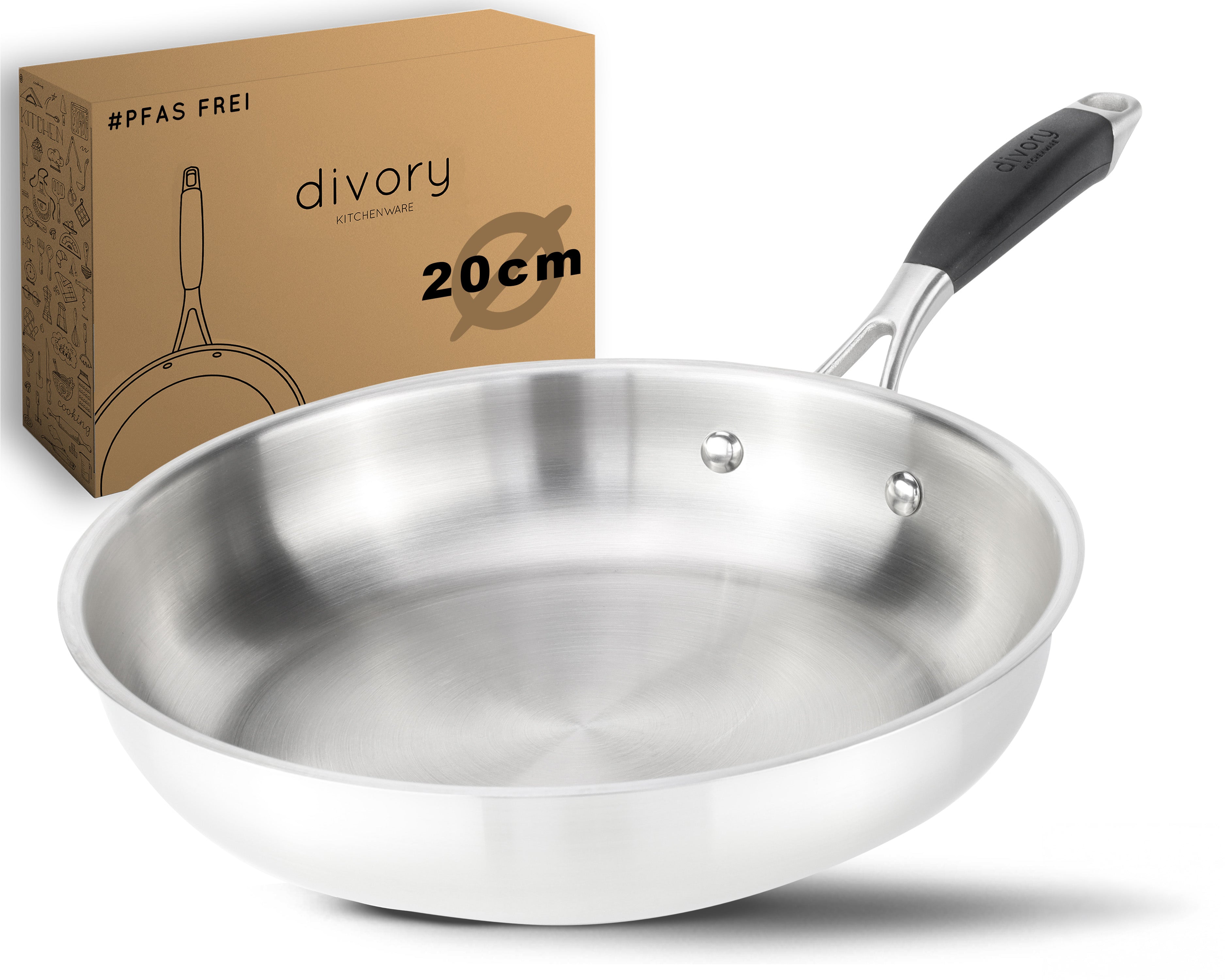 DIVORY unbeschichtete Edelstahl Pfanne 20, 24, 28, 32cm Induktion