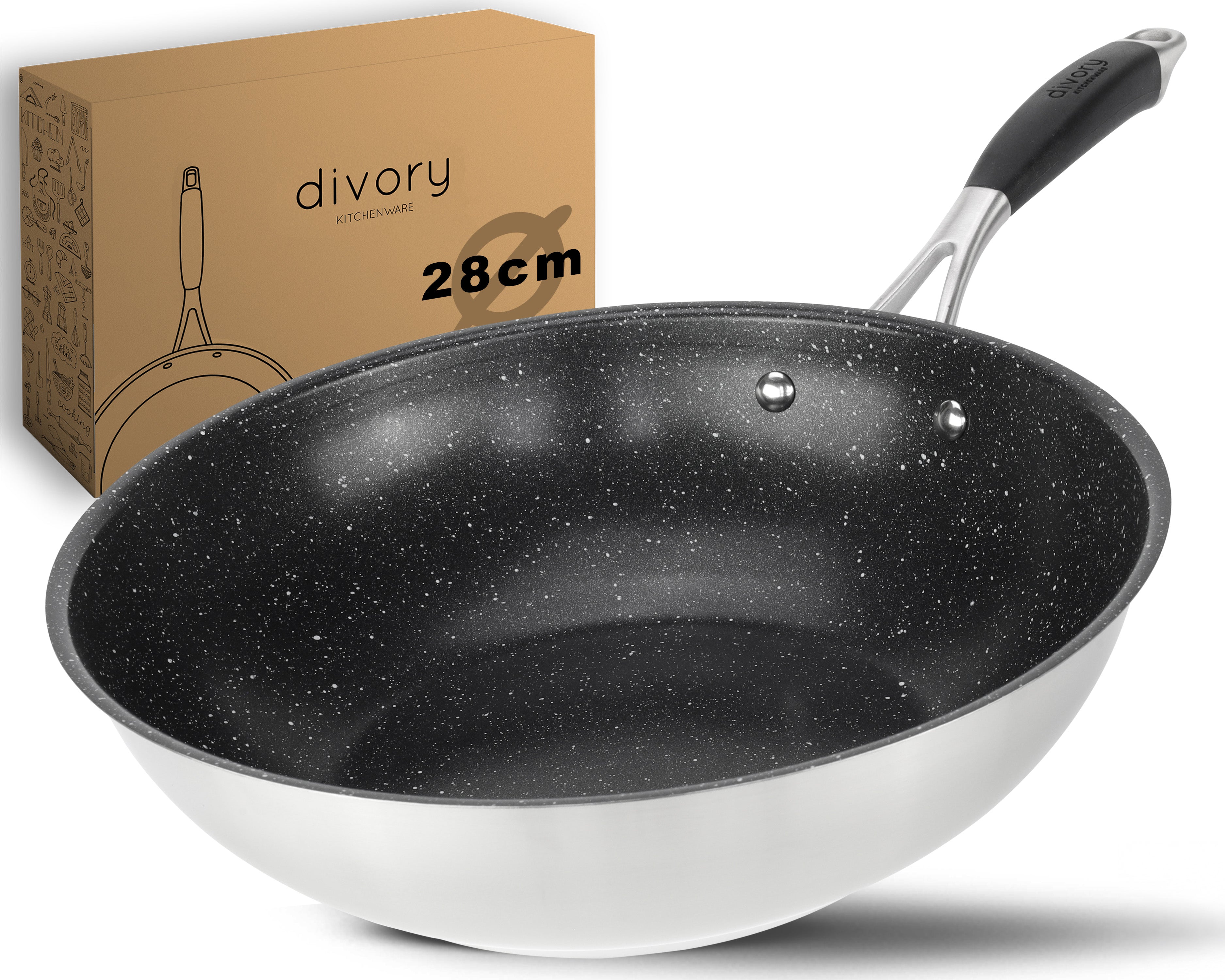 Edelstahl Wokpfanne 28cm I Antihaft beschichteter Wok für alle Herdarten geeignet, auch Induktion
