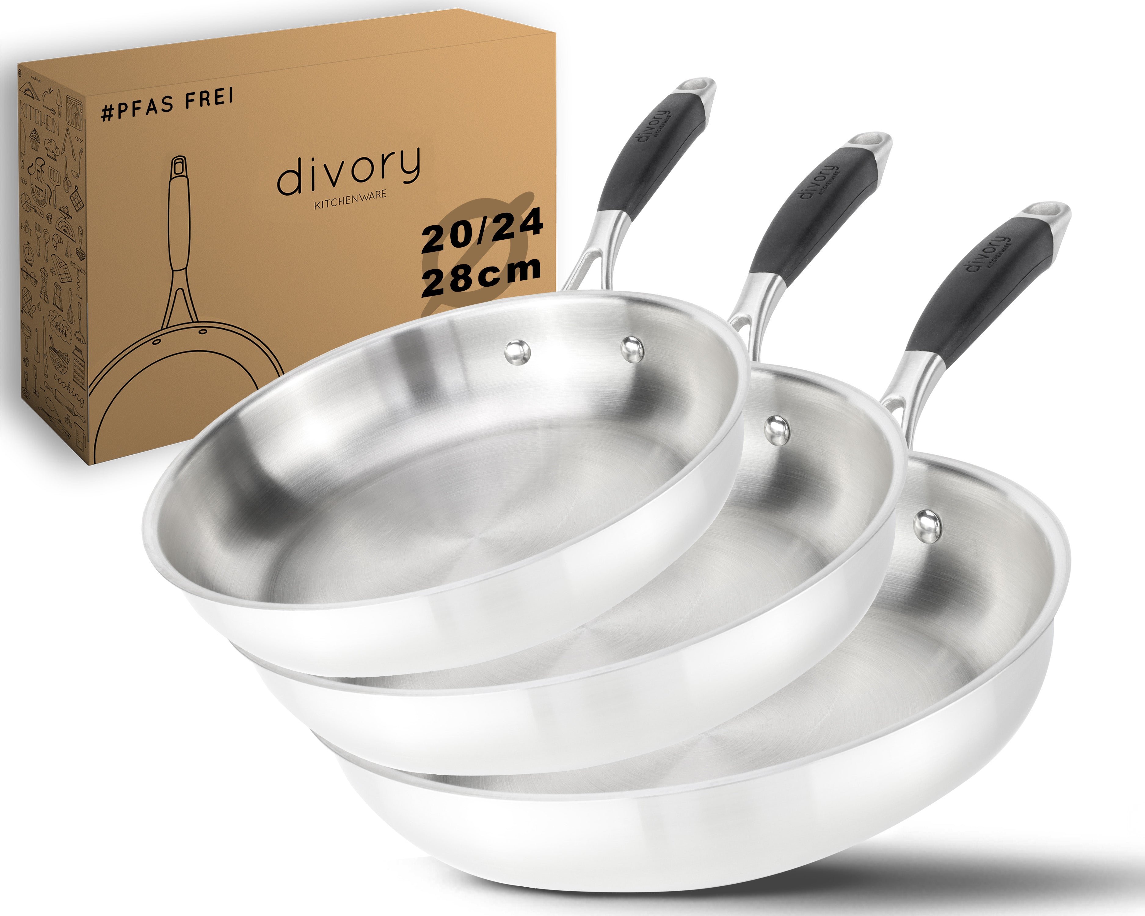 DIVORY unbeschichtete Edelstahl Pfanne 20, 24, 28, 32cm Induktion