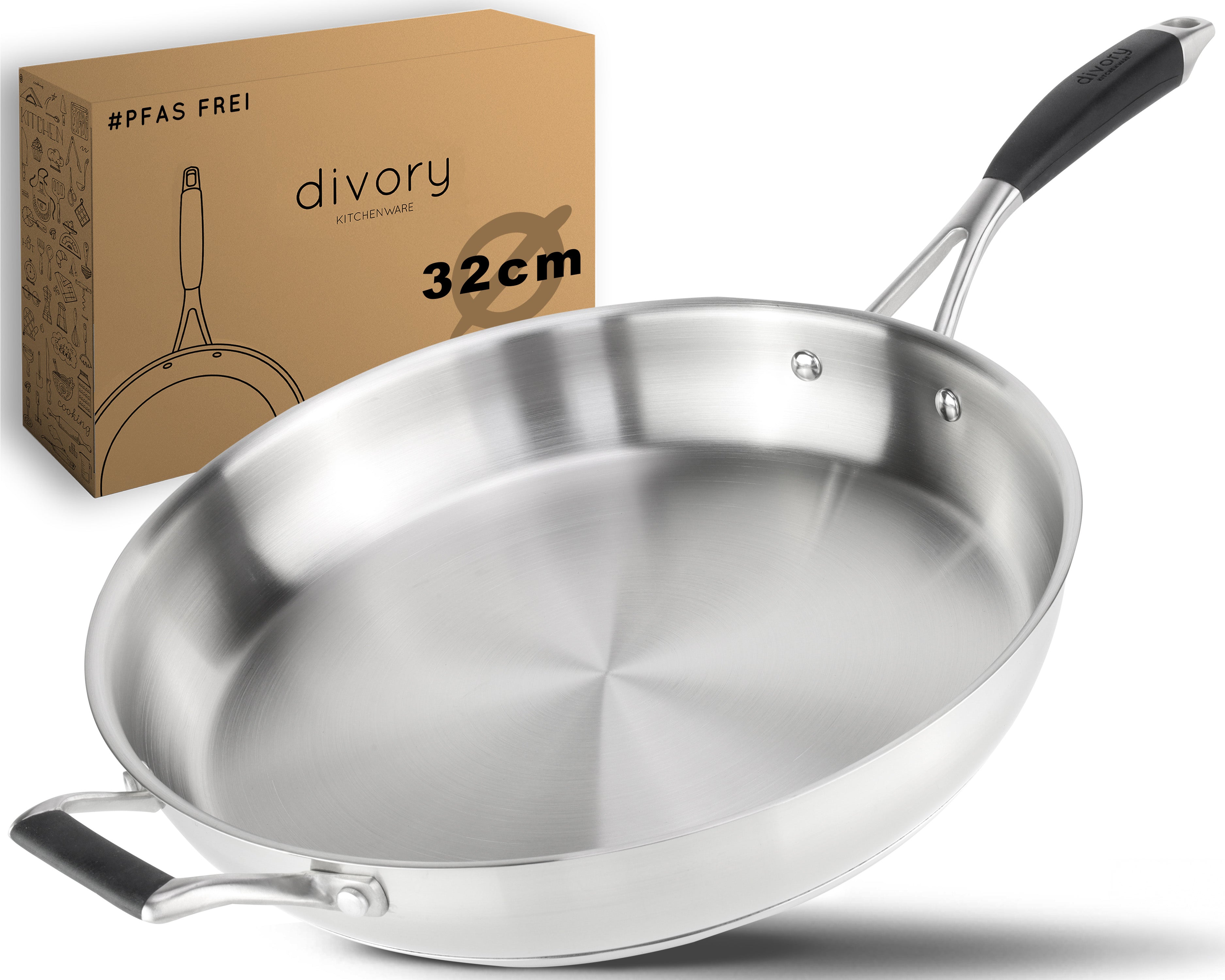 DIVORY unbeschichtete Edelstahl Pfanne 20, 24, 28, 32cm Induktion