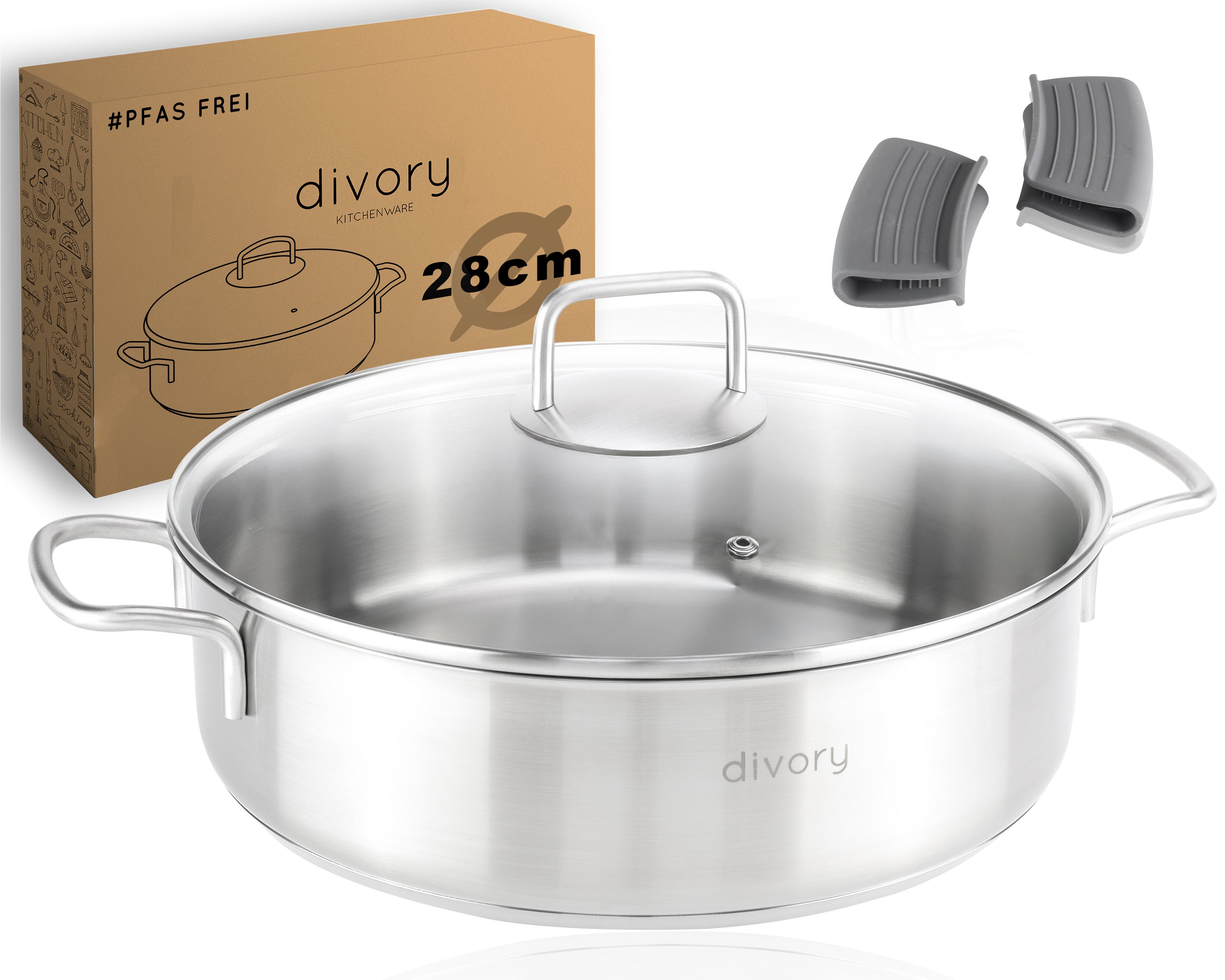 Edelstahl Schmorpfanne 28cm Induktion, Servierpfanne mit Deckel 4,6l – unbeschichtete Servierpfanne