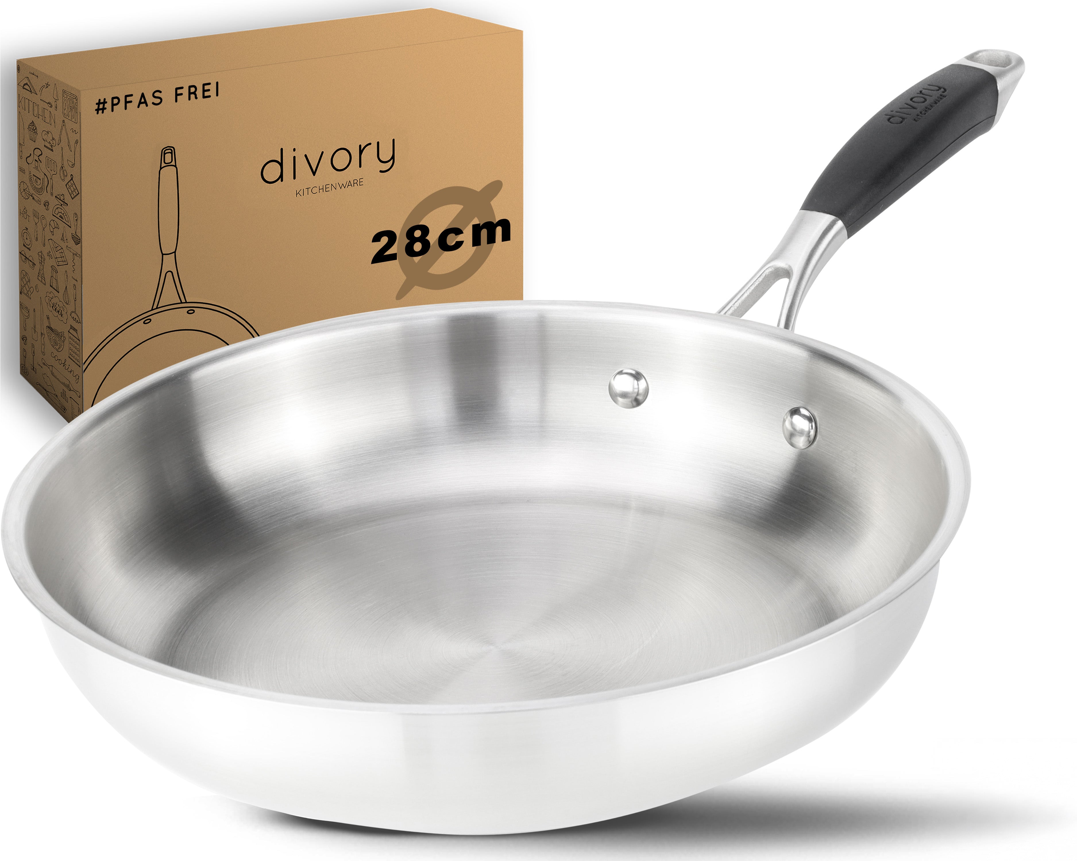 DIVORY unbeschichtete Edelstahl Pfanne 20, 24, 28, 32cm Induktion