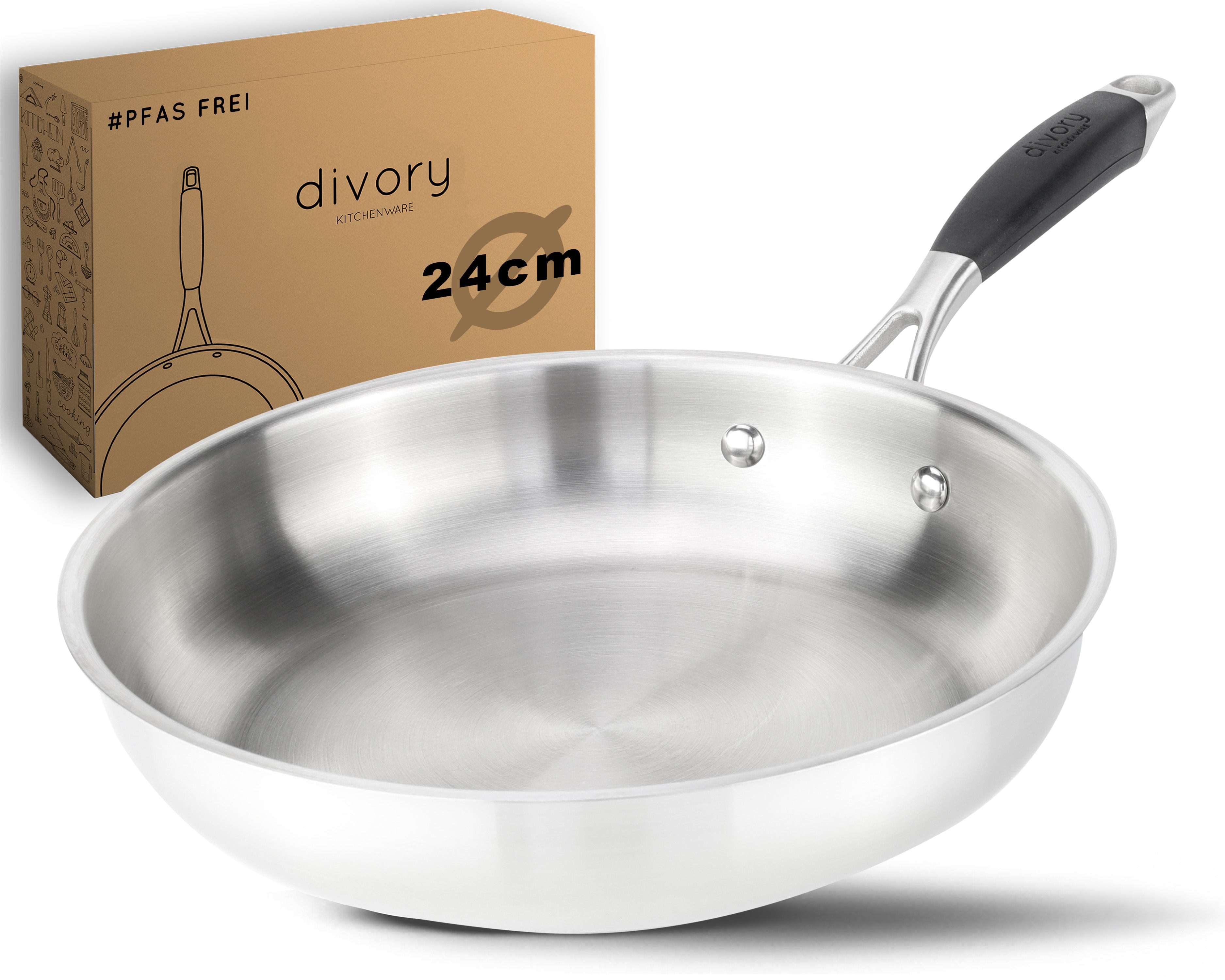 DIVORY unbeschichtete Edelstahl Pfanne 20, 24, 28, 32cm Induktion