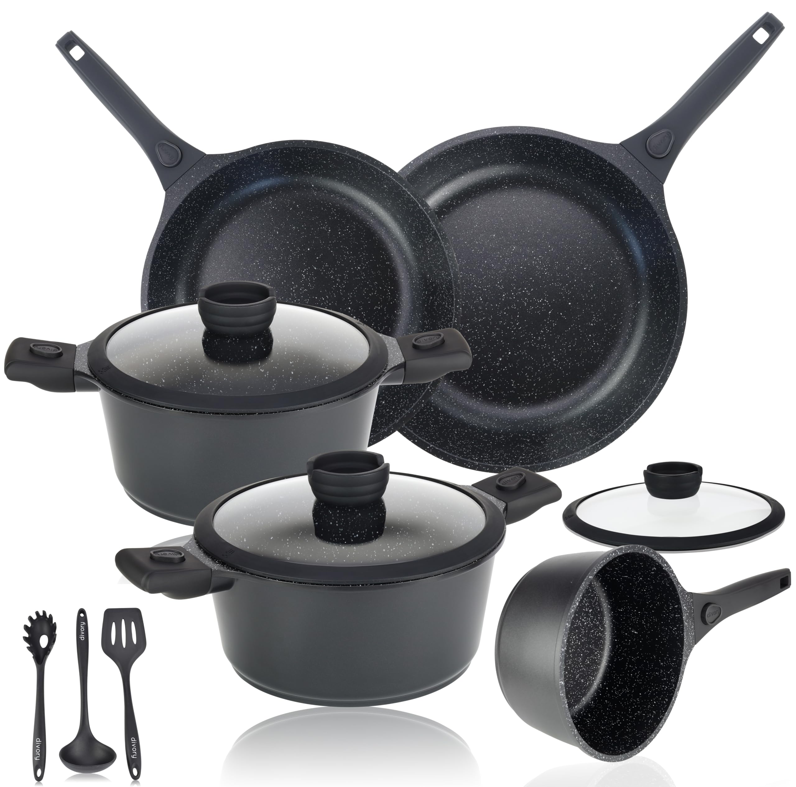 DIVORY Töpfe inkl. Deckel + Pfannensets- 18, 20, 24, 28cm (abnehmbare Griffe)