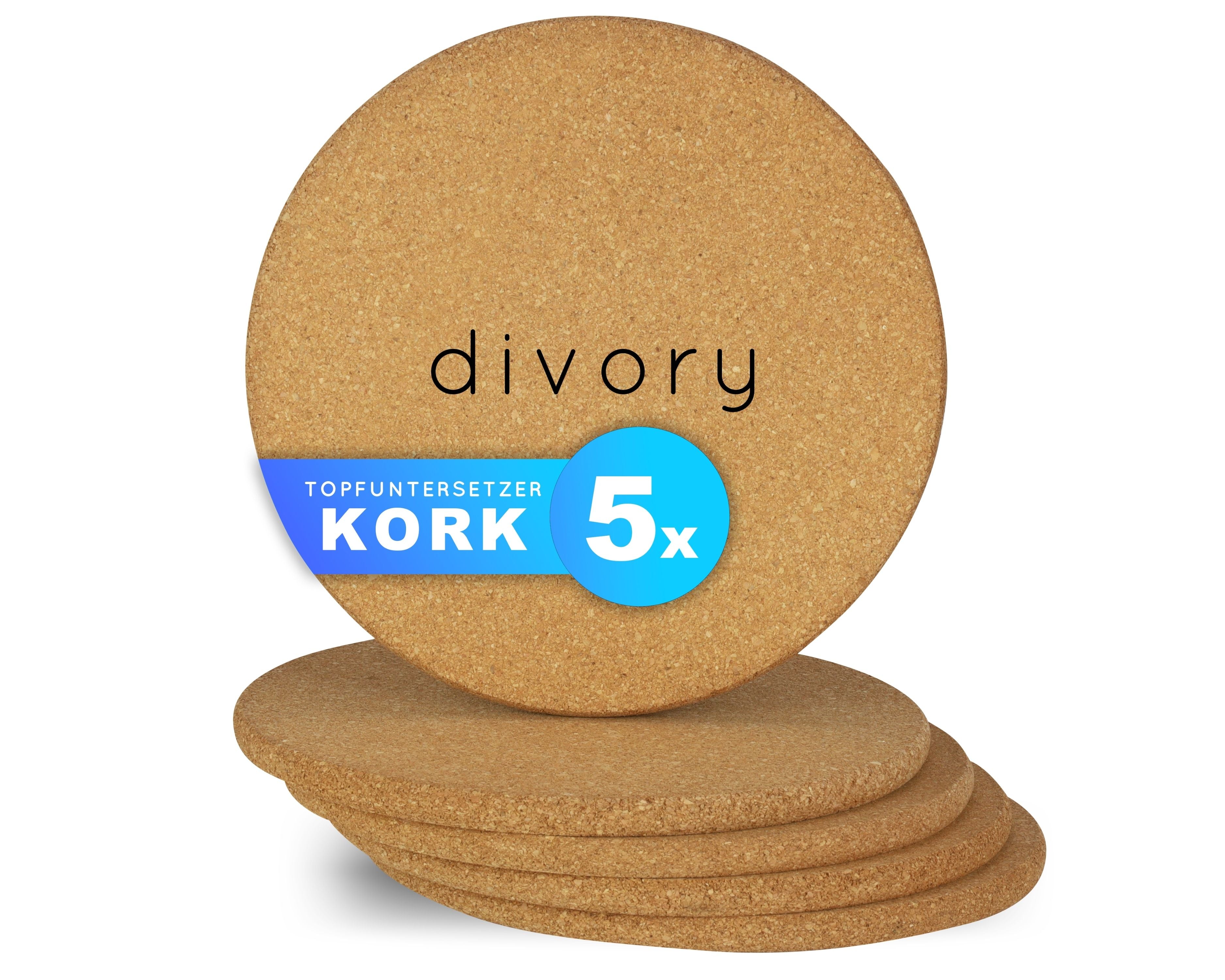 DIVORY Topfuntersetzer 19cm (5 Stück) Kork Untersetzer Topf, hitzebeständig
