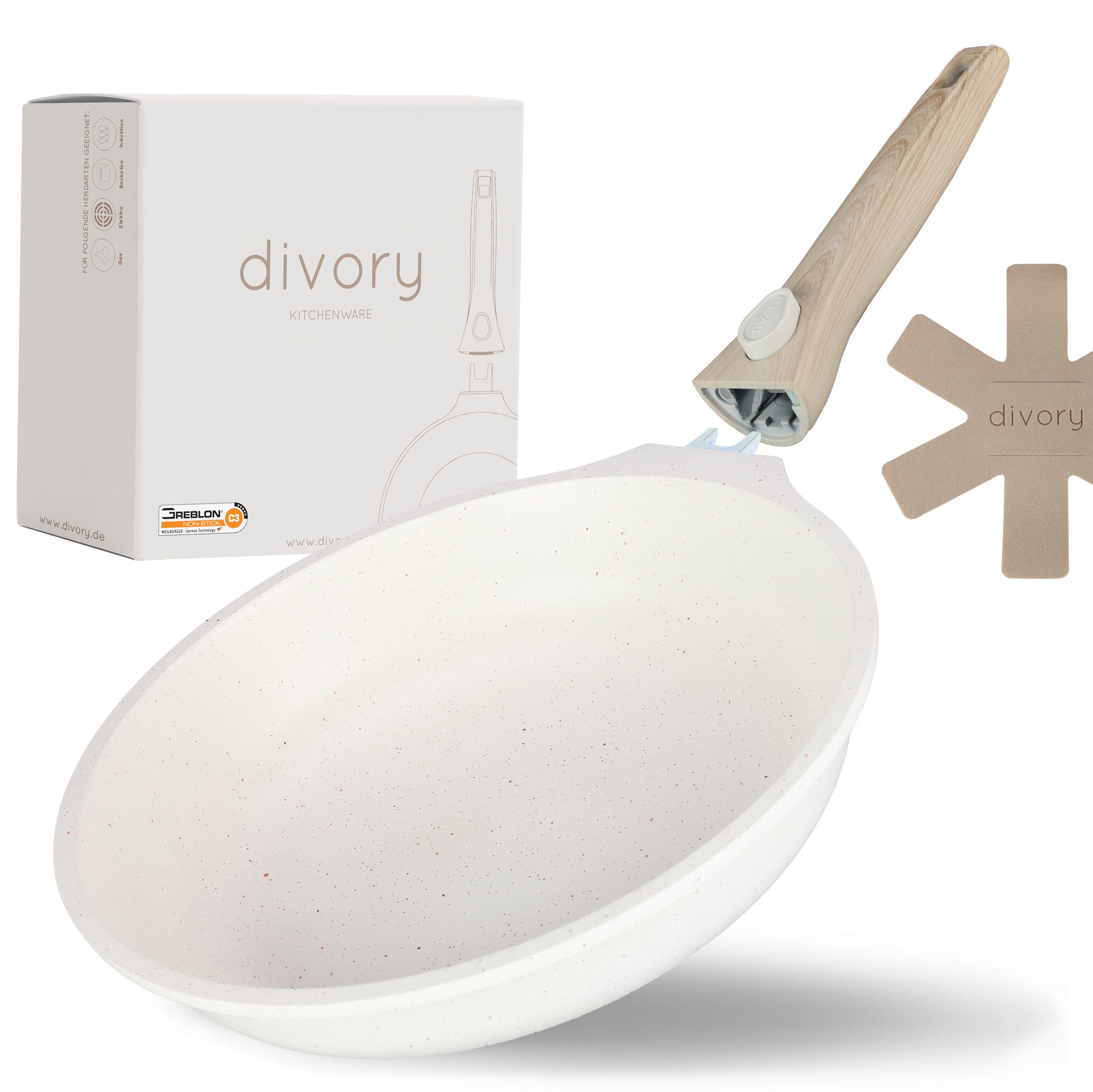 DIVORY - Pfanne abnehmbarer Griff - Beige (20, 24, 28cm & 3er Set)
