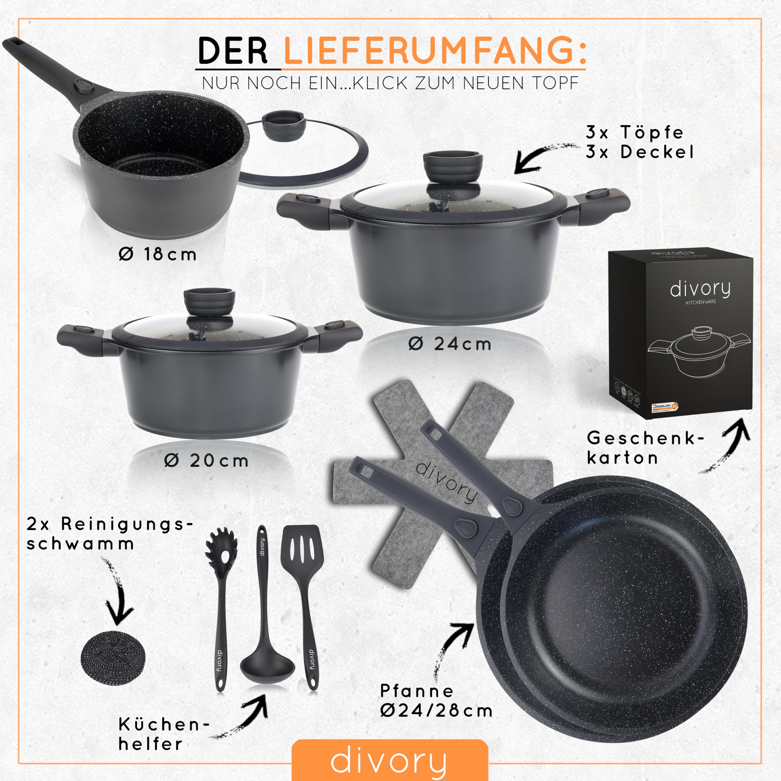 DIVORY Töpfe inkl. Deckel + Pfannensets- 18, 20, 24, 28cm (abnehmbare Griffe)