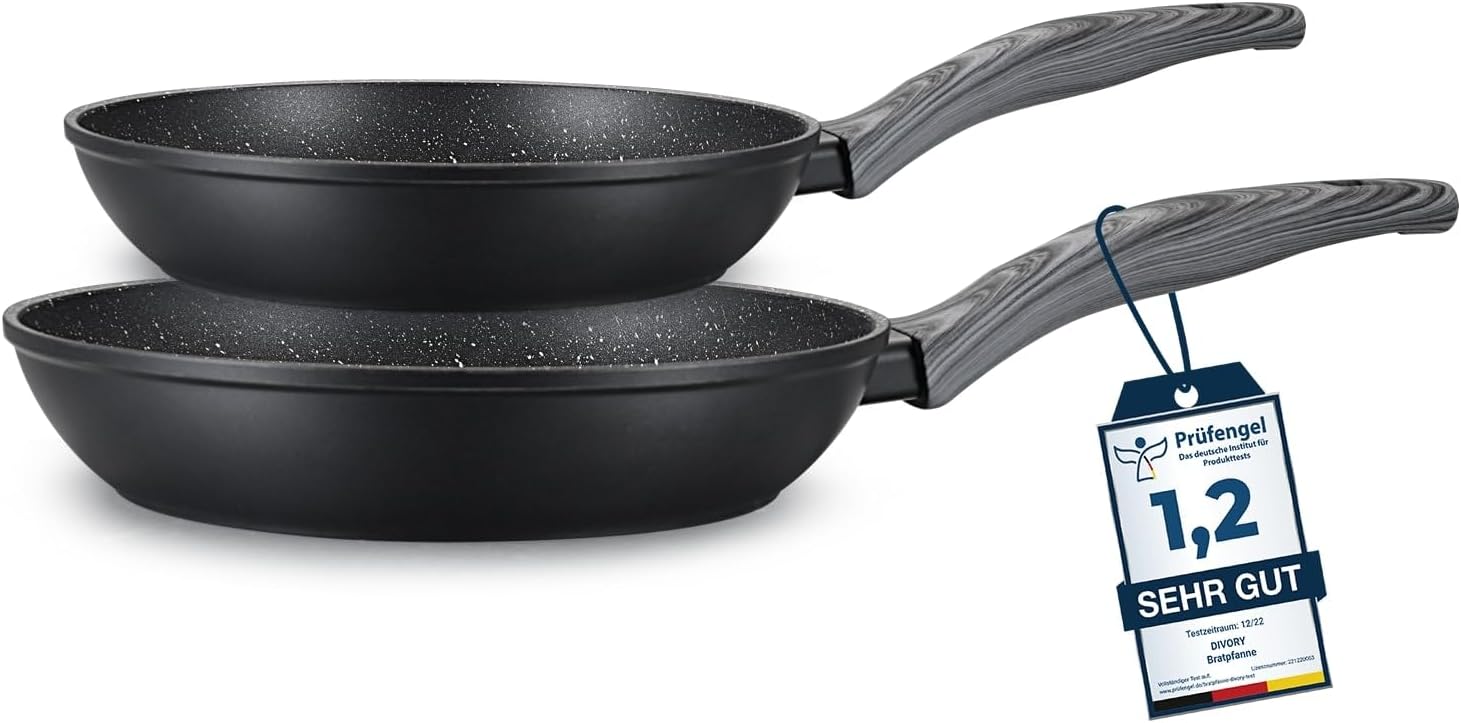 DIVORY Bratpfanne Ø 16, 20, 24, 28, 32cm + 2ER / 3er Set (Graues Holz)