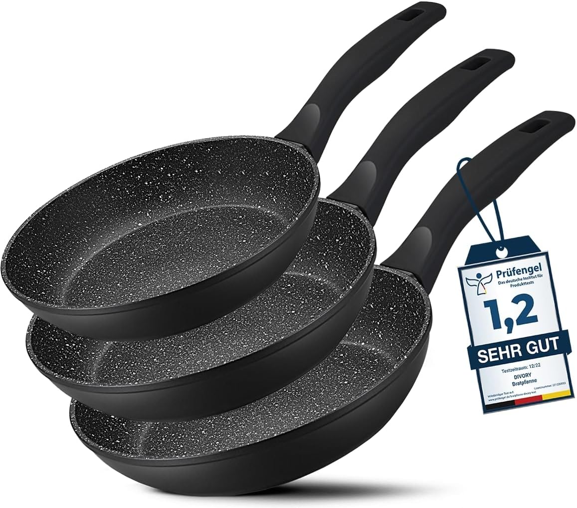 DIVORY Bratpfanne Ø 16, 20, 24, 28, 32cm + 2er / 3er Set (Schwarz)