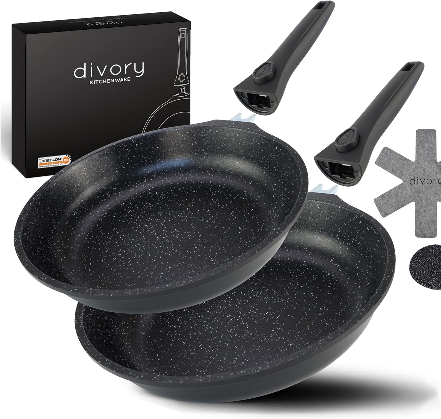 DIVORY - Pfanne abnehmbarer Griff - Schwarz (20, 24, 28, 32cm + 2er / 3er Set)