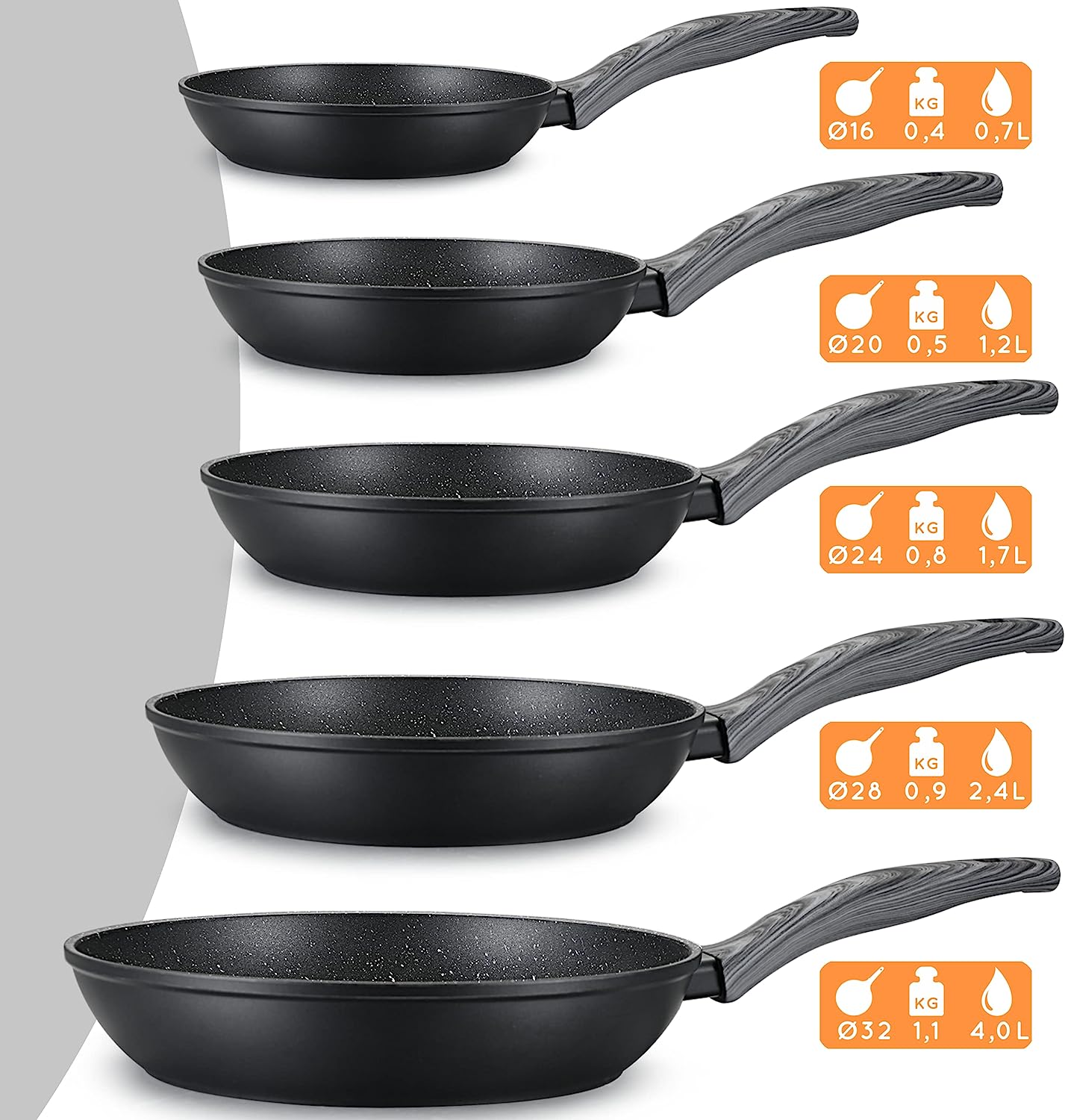 DIVORY Bratpfanne Ø 16, 20, 24, 28, 32cm + 2ER / 3er Set (Graues Holz)