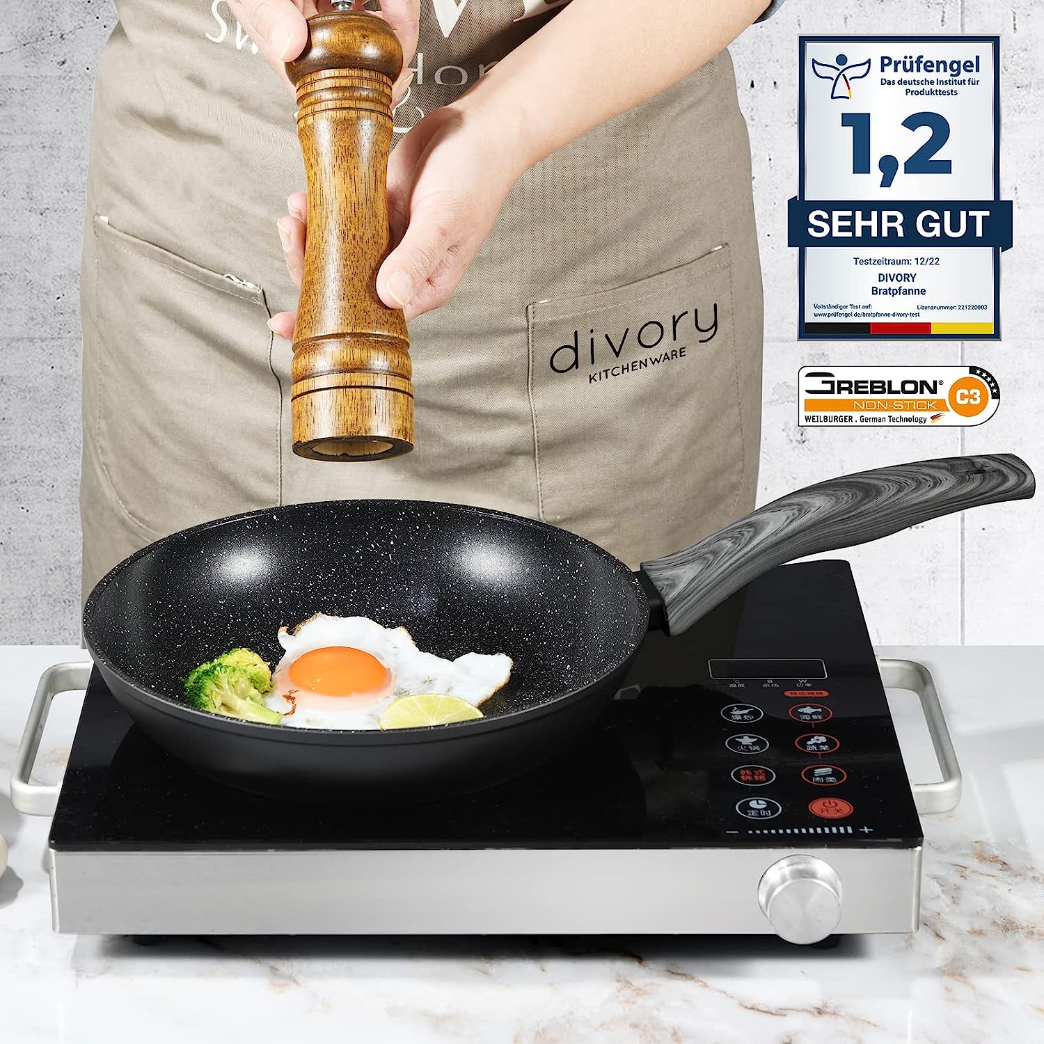 DIVORY Bratpfanne Ø 16, 20, 24, 28, 32cm + 2ER / 3er Set (Graues Holz)
