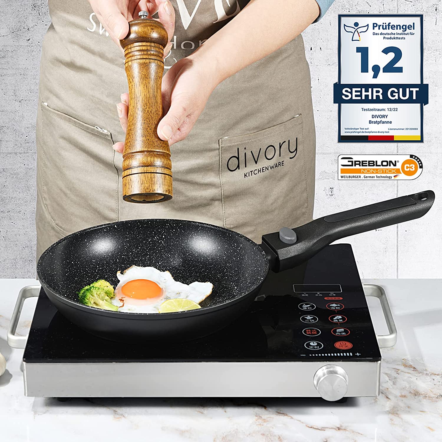 DIVORY - Pfanne abnehmbarer Griff (20, 24, 28, 32cm + 2er / 3er Set)