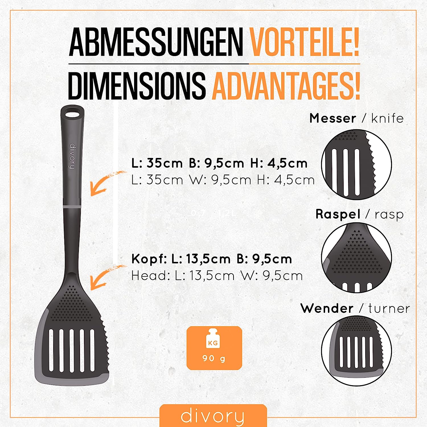 DIVORY Pfannenwender 3 in 1 I Küchenhelfer aus Silikon & Kunststoff I Schlitzwender 35cm