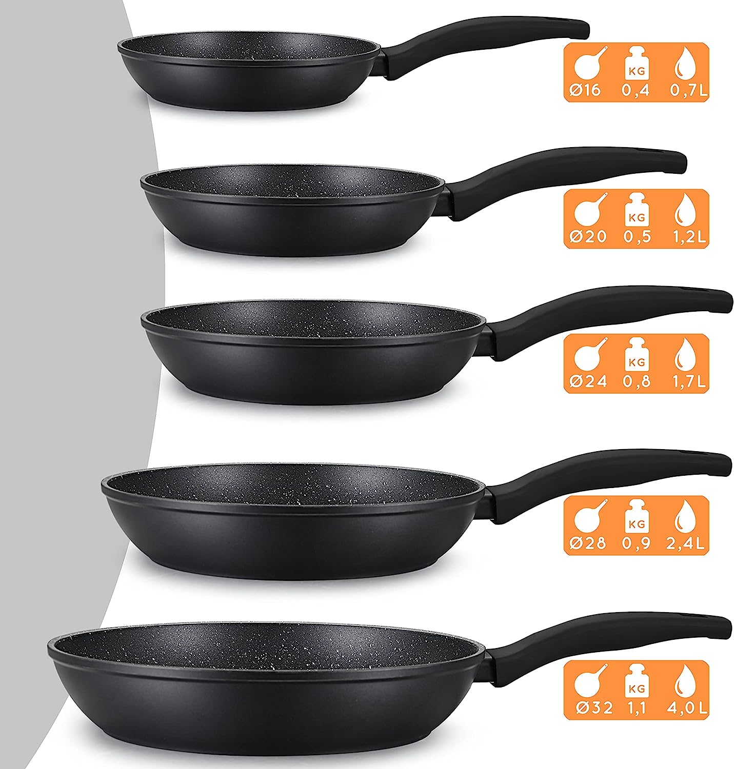DIVORY Bratpfanne Ø 16, 20, 24, 28, 32cm + 2er / 3er Set (Schwarz)