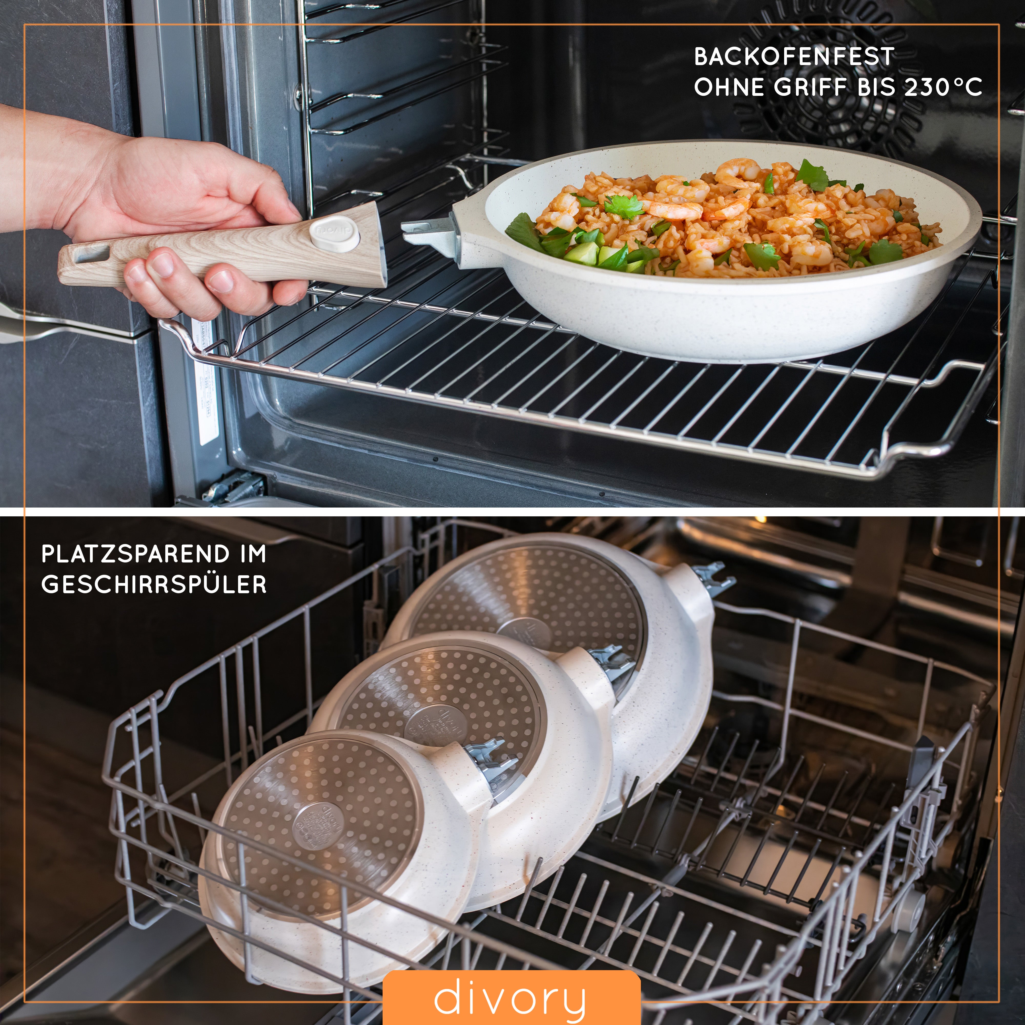 DIVORY - Pfanne abnehmbarer Griff - Beige (20, 24, 28cm & 3er Set)