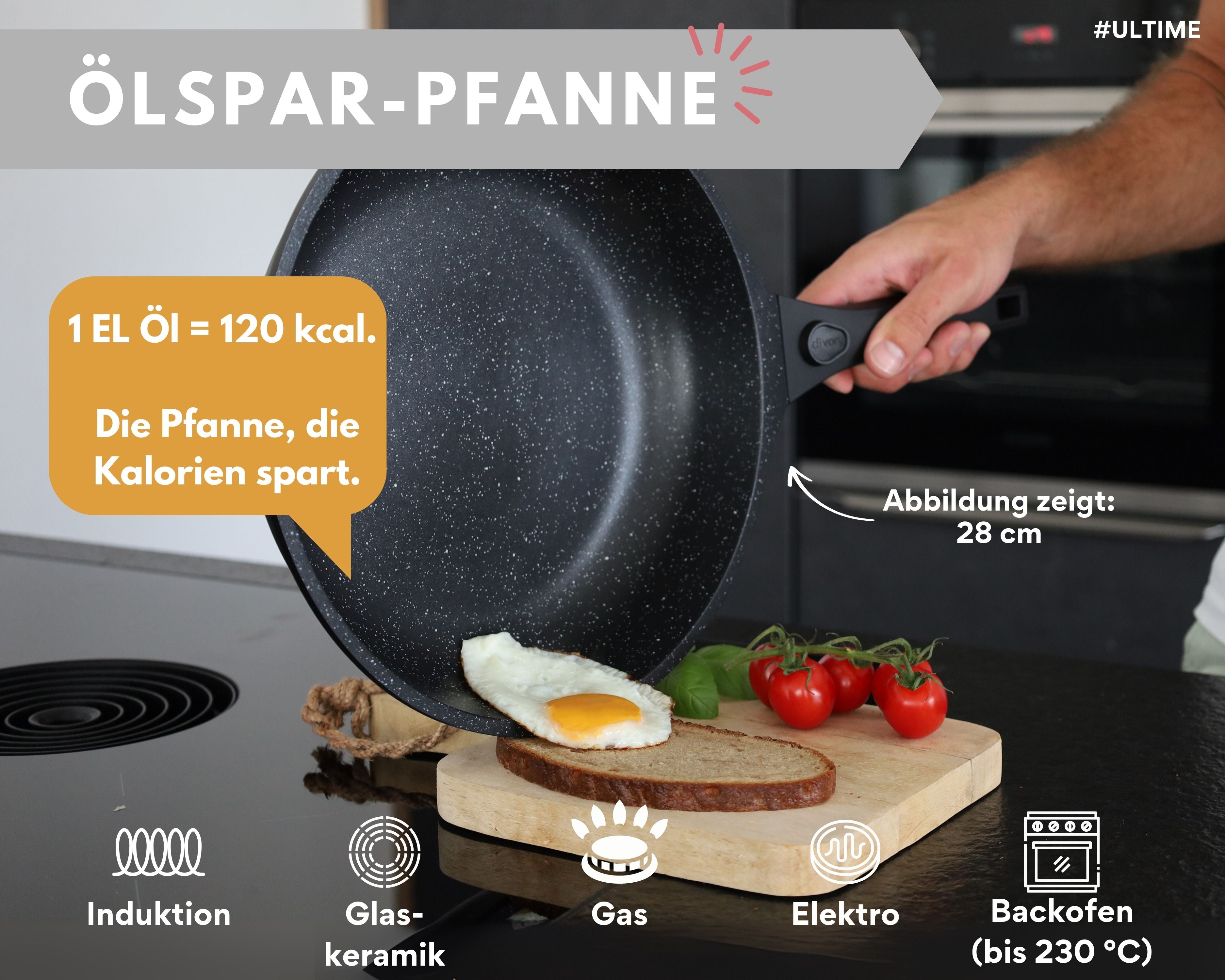 DIVORY - Pfanne abnehmbarer Griff - Schwarz (20, 24, 28, 32cm + 2er / 3er Set)