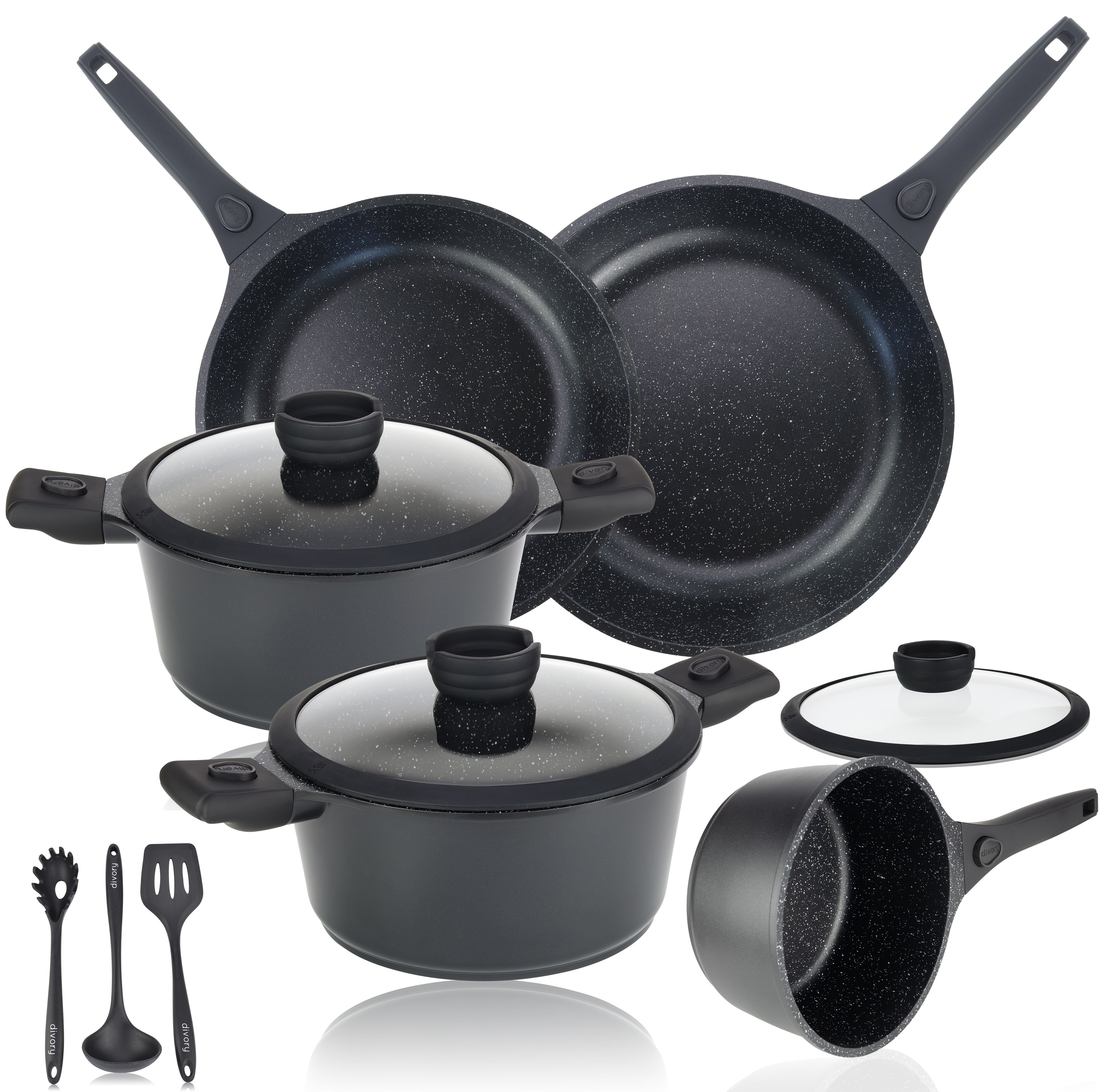 DIVORY Topfset Pfannenset Induktion - 14 teilig mit abnehmbarem Griff inkl. Küchenhelfer
