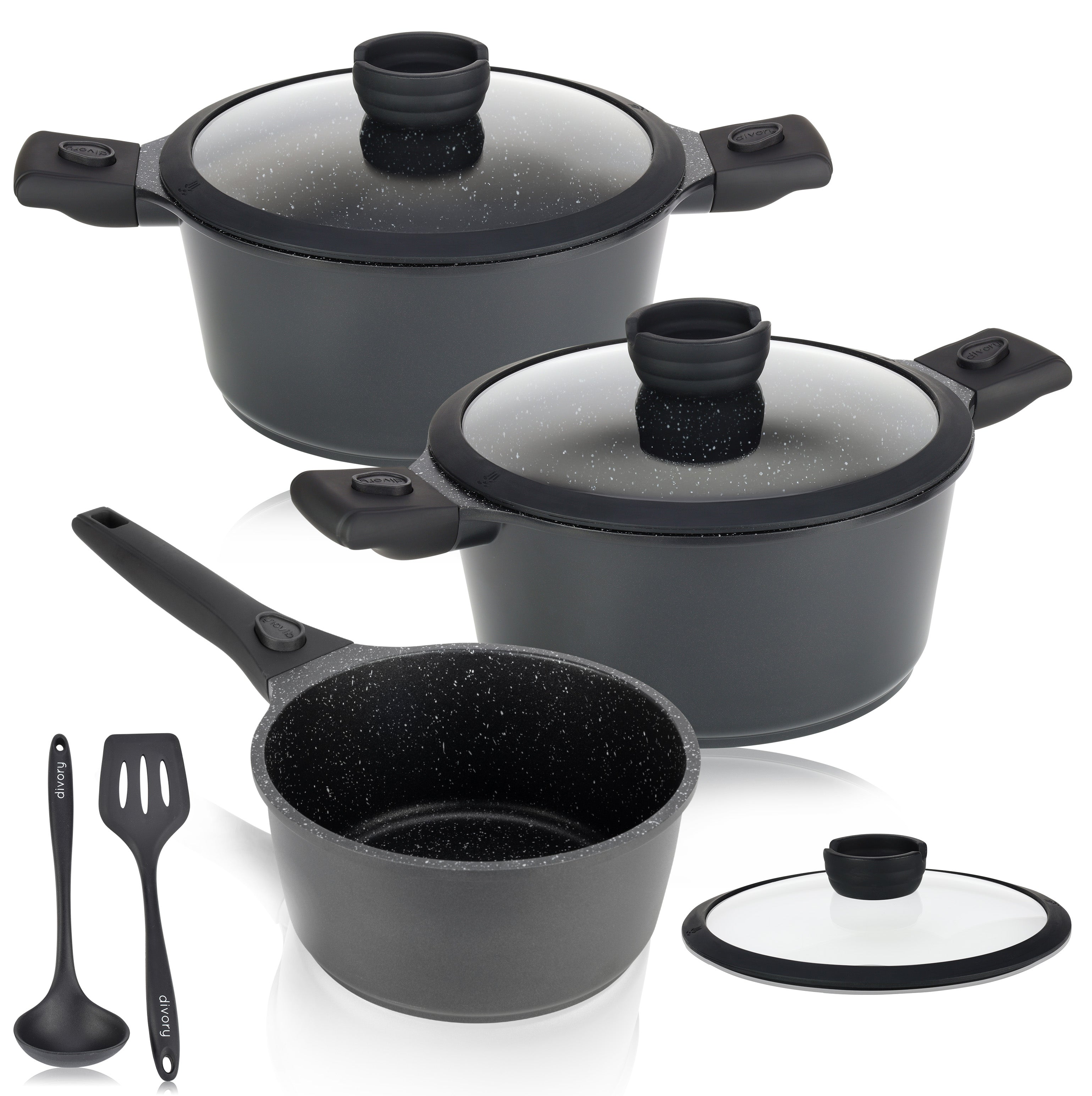 DIVORY Töpfe inkl. Deckel + Pfannensets- 18, 20, 24, 28cm (abnehmbare Griffe)