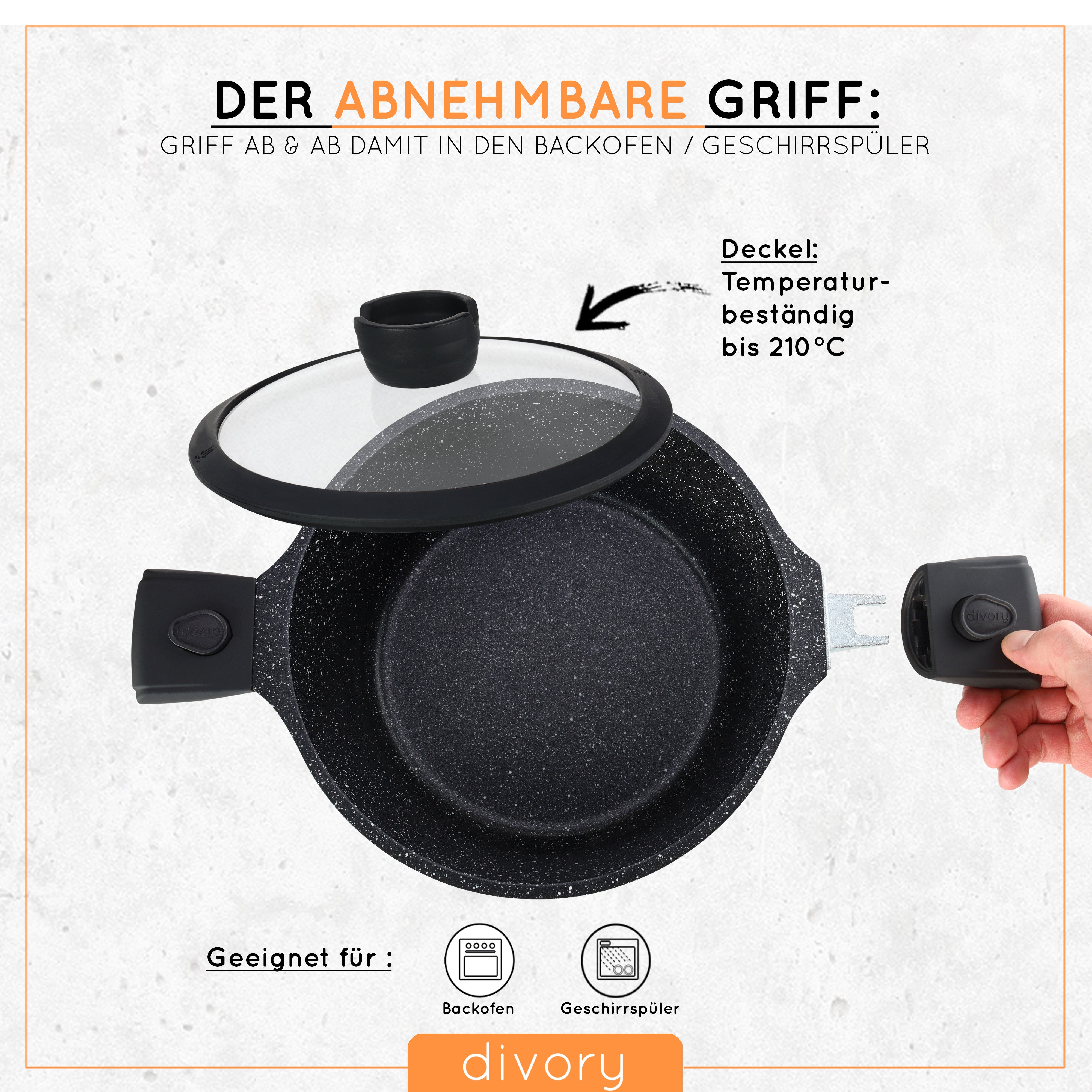 DIVORY Töpfe inkl. Deckel + Pfannensets- 18, 20, 24, 28cm (abnehmbare Griffe)