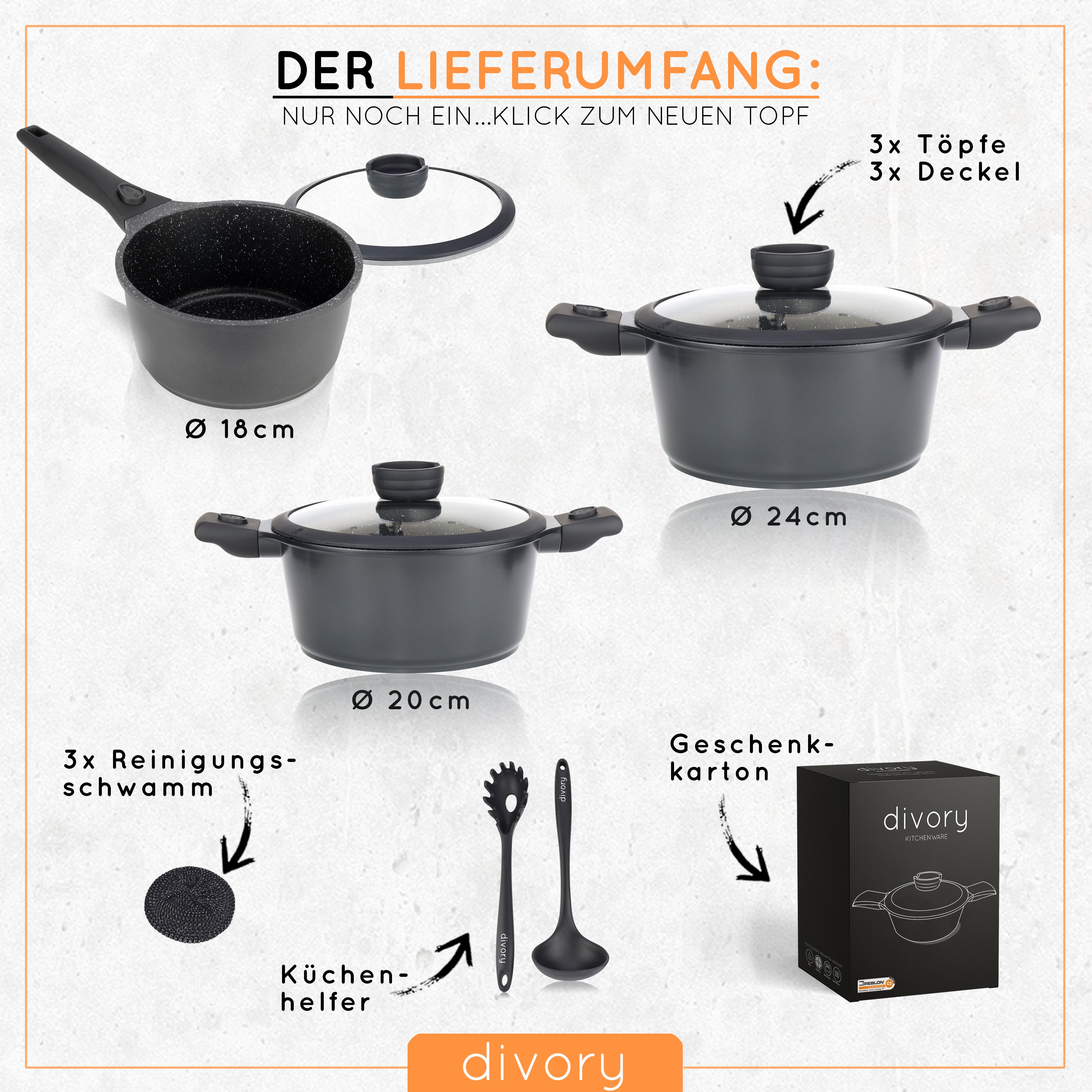 DIVORY Töpfe inkl. Deckel + Pfannensets- 18, 20, 24, 28cm (abnehmbare Griffe)