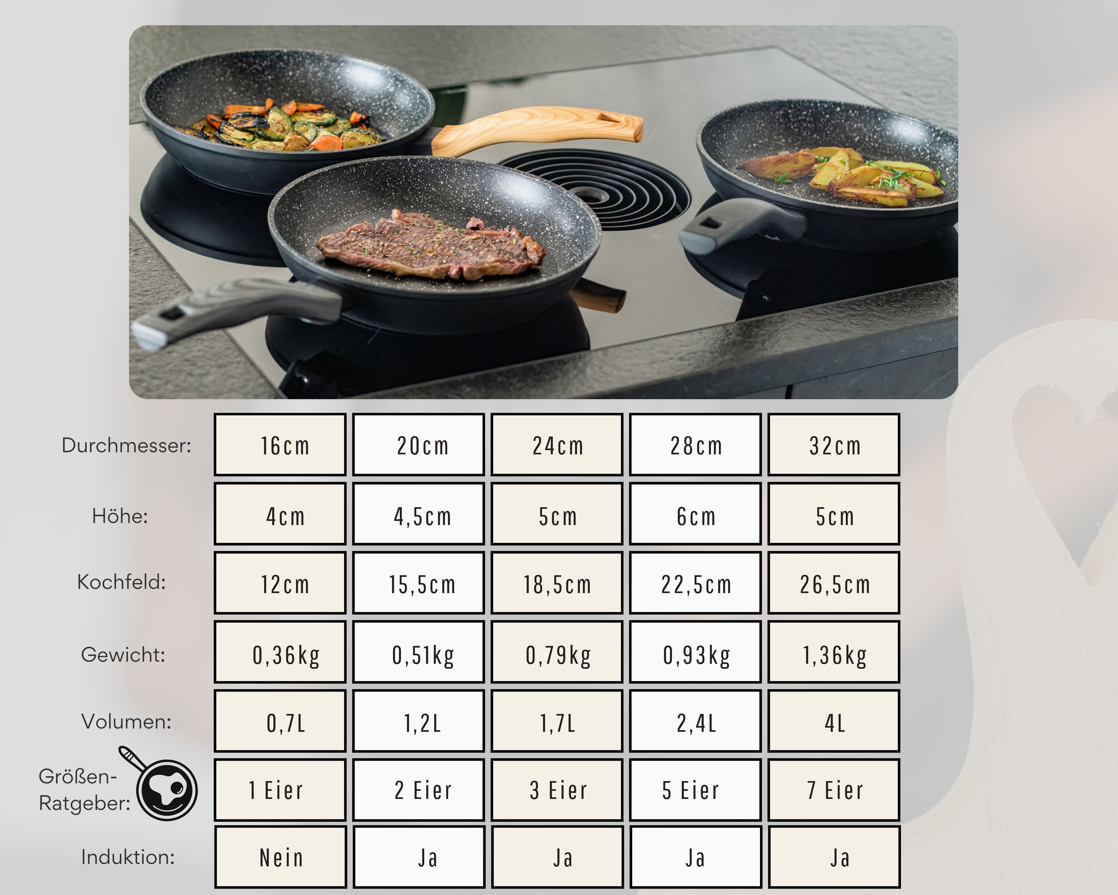 DIVORY Bratpfanne Ø 16, 20, 24, 28, 32cm + 2ER / 3er Set (Graues Holz)