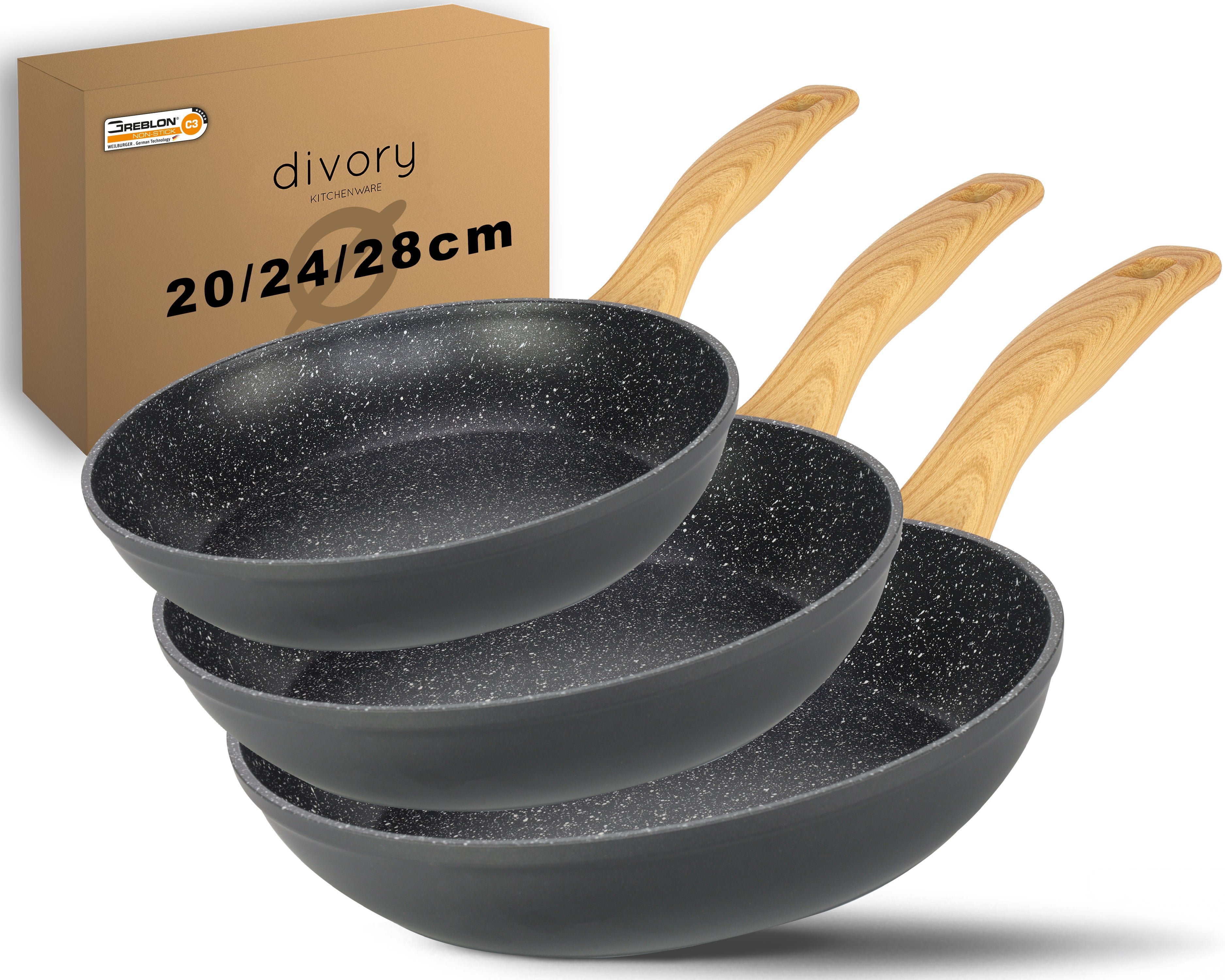 DIVORY Bratpfanne Ø 16, 20, 24, 28, 32cm + 2er / 3er Set (Helles Holz)