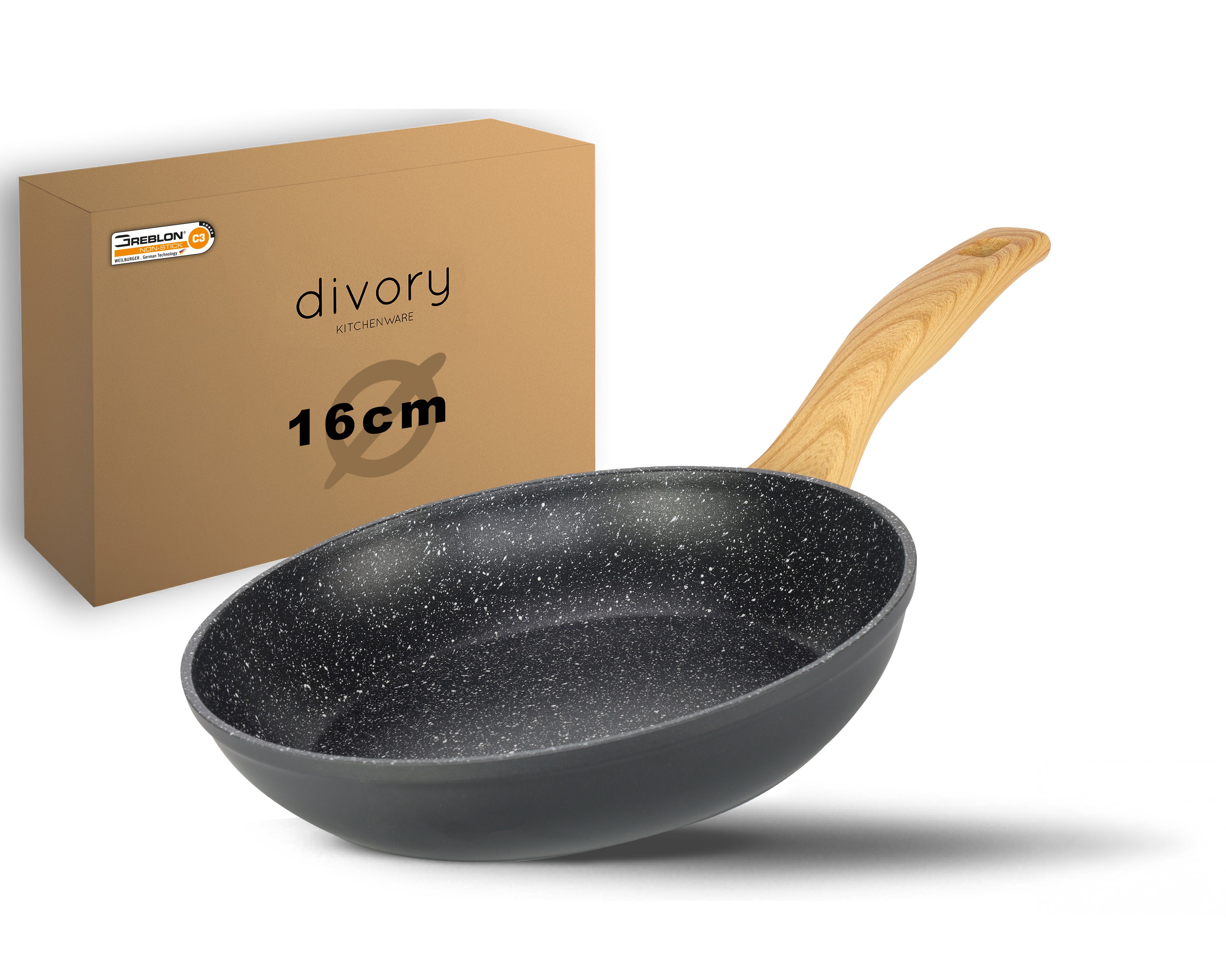 DIVORY Bratpfanne Ø 16, 20, 24, 28, 32cm + 2er / 3er Set (Helles Holz)
