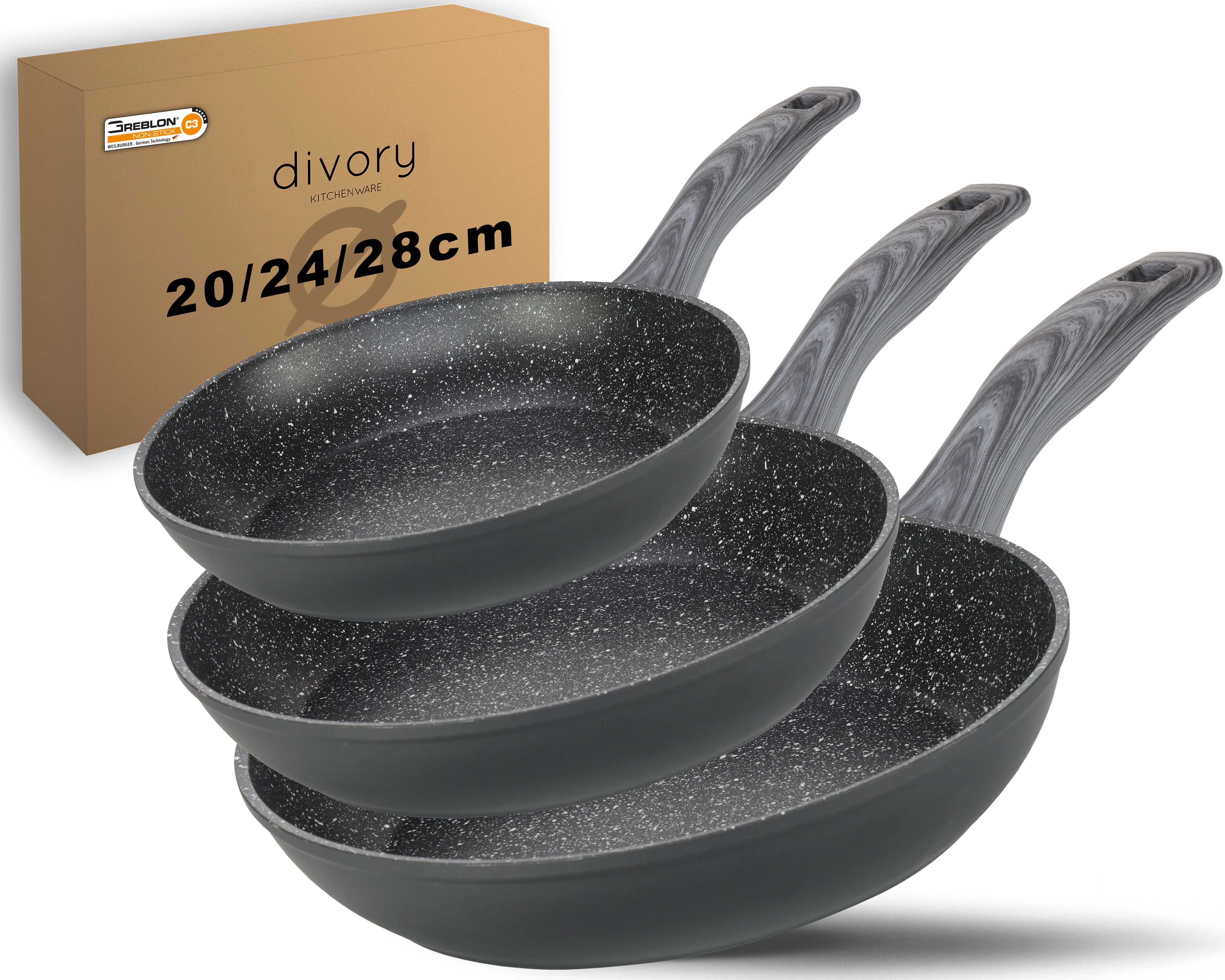 DIVORY Bratpfanne Ø 16, 20, 24, 28, 32cm + 2ER / 3er Set (Graues Holz)