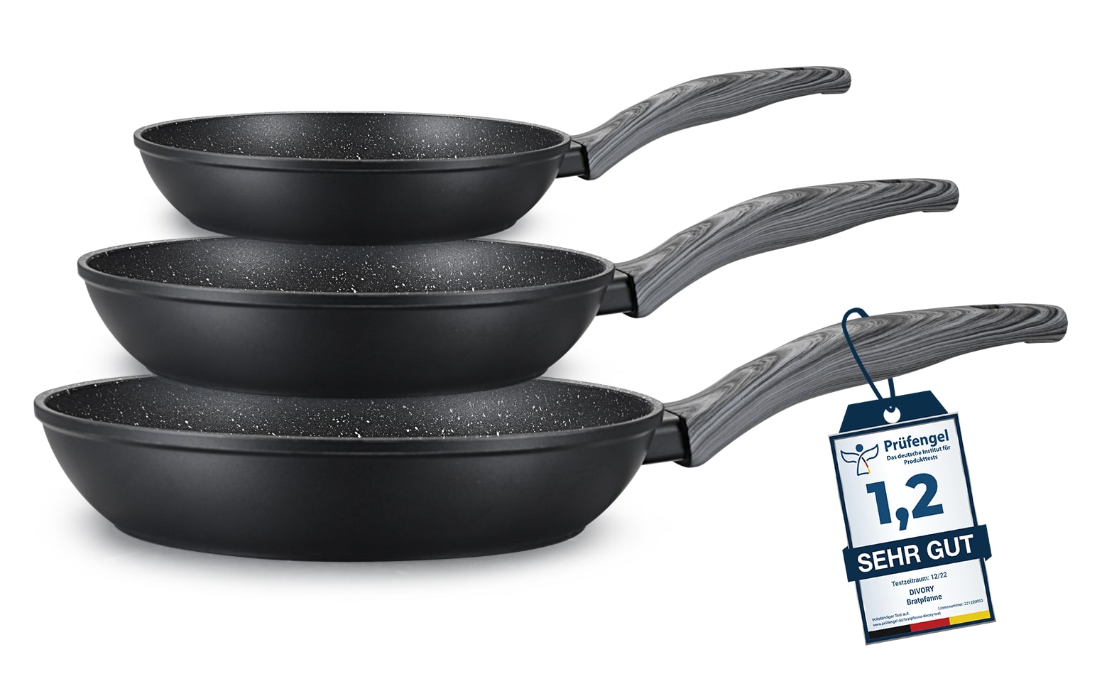 DIVORY Bratpfanne Ø 16, 20, 24, 28, 32cm + 2ER / 3er Set (Graues Holz)