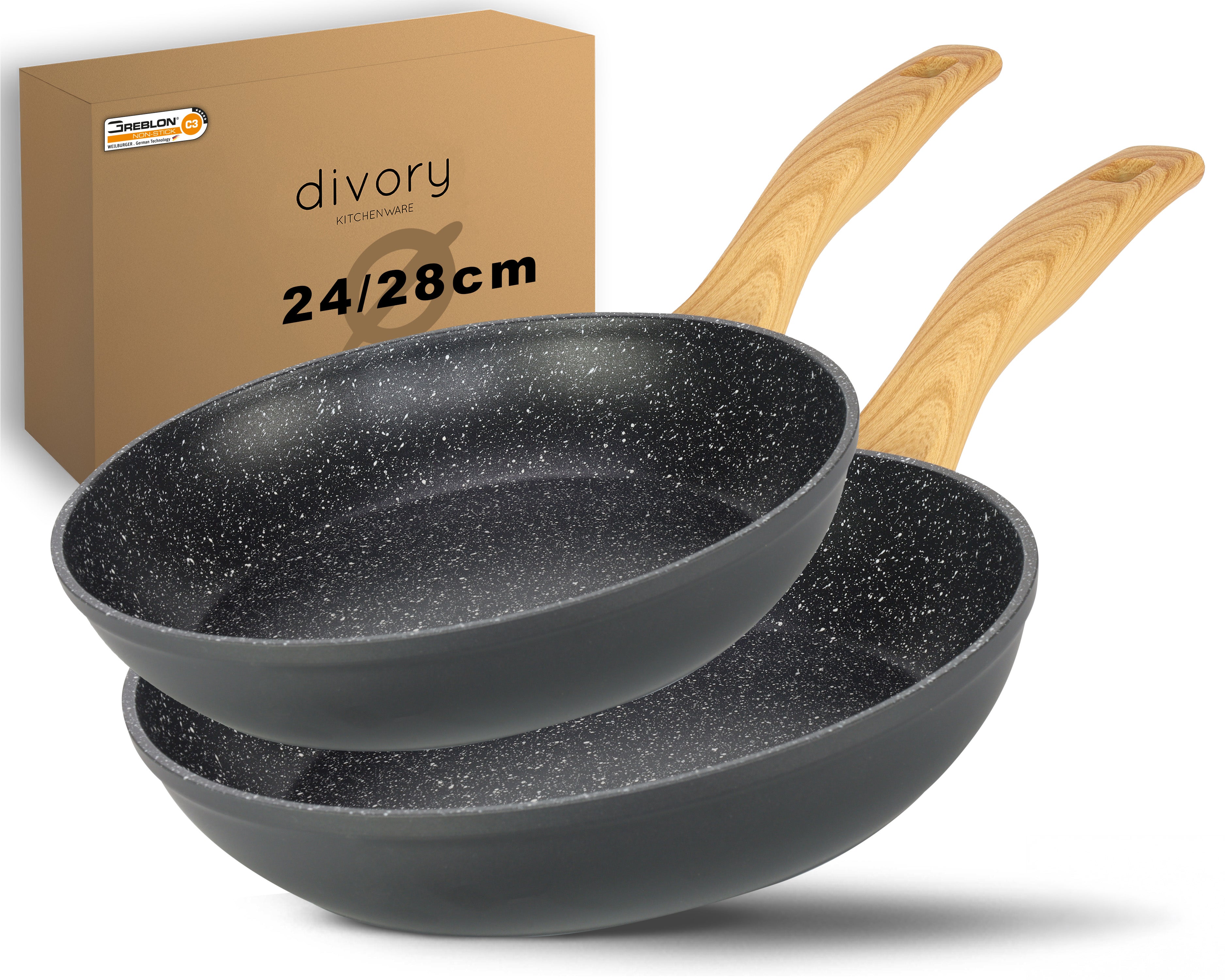 DIVORY Bratpfanne Ø 16, 20, 24, 28, 32cm + 2er / 3er Set (Helles Holz)