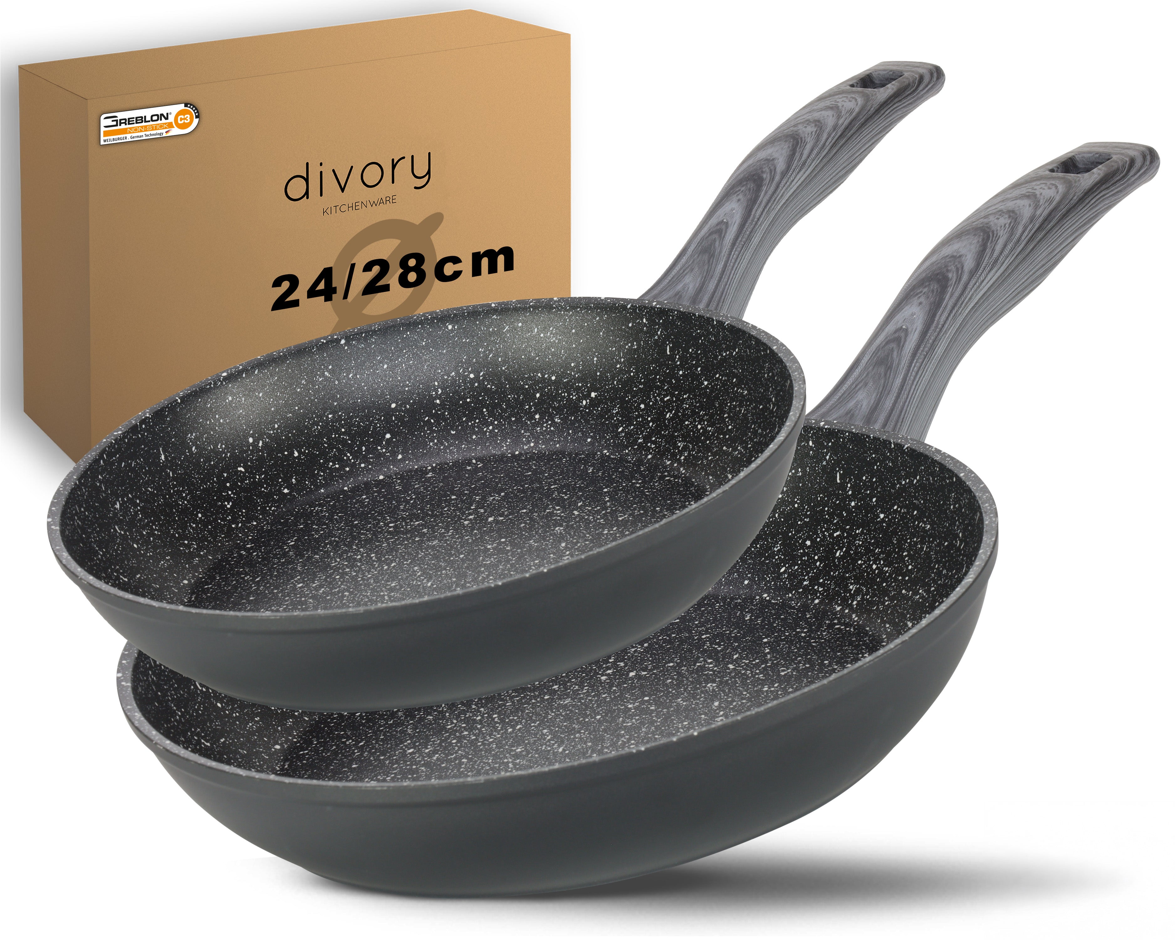 DIVORY Bratpfanne Ø 16, 20, 24, 28, 32cm + 2ER / 3er Set (Graues Holz)