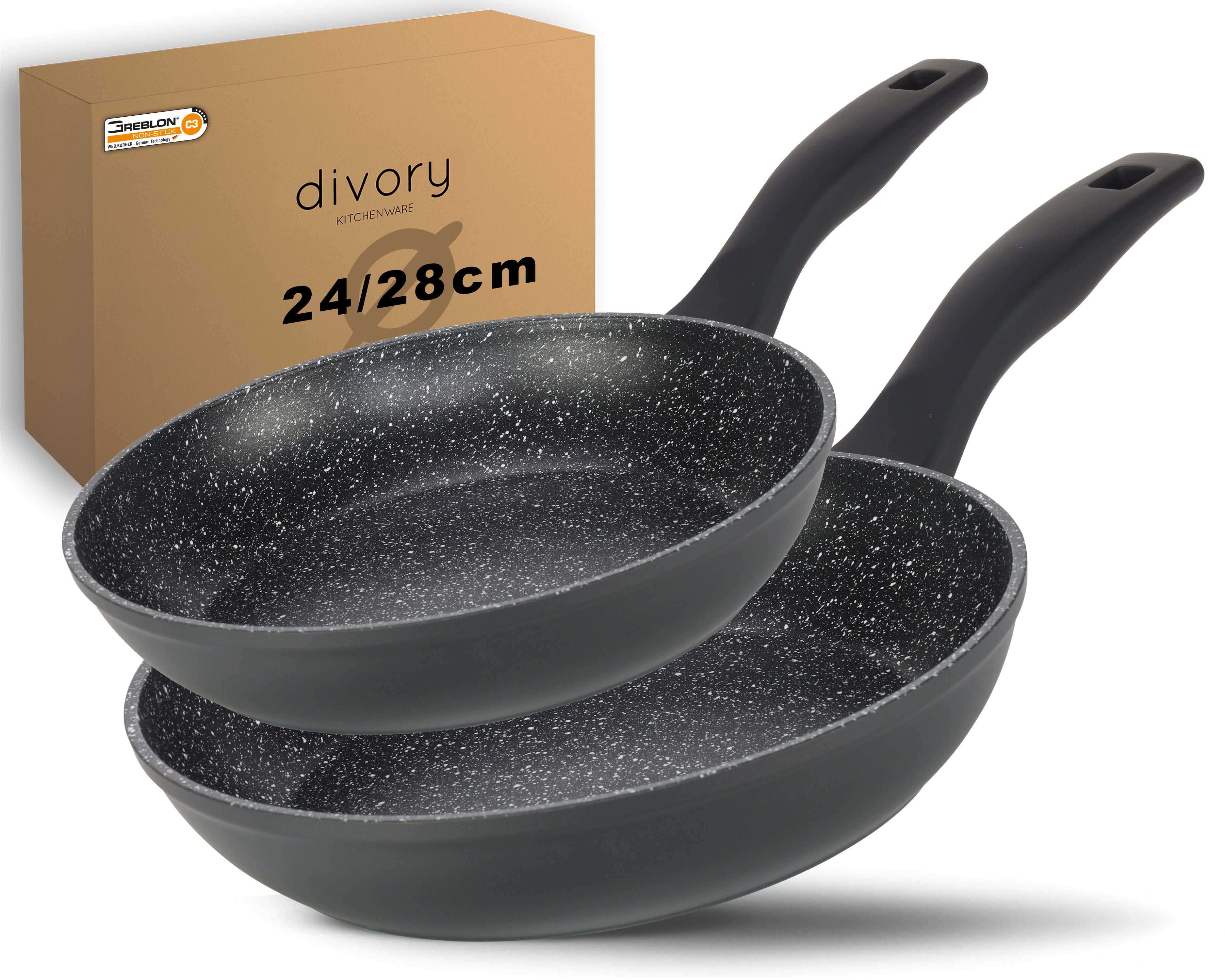 DIVORY Bratpfanne Ø 16, 20, 24, 28, 32cm + 2er / 3er Set (Schwarz)