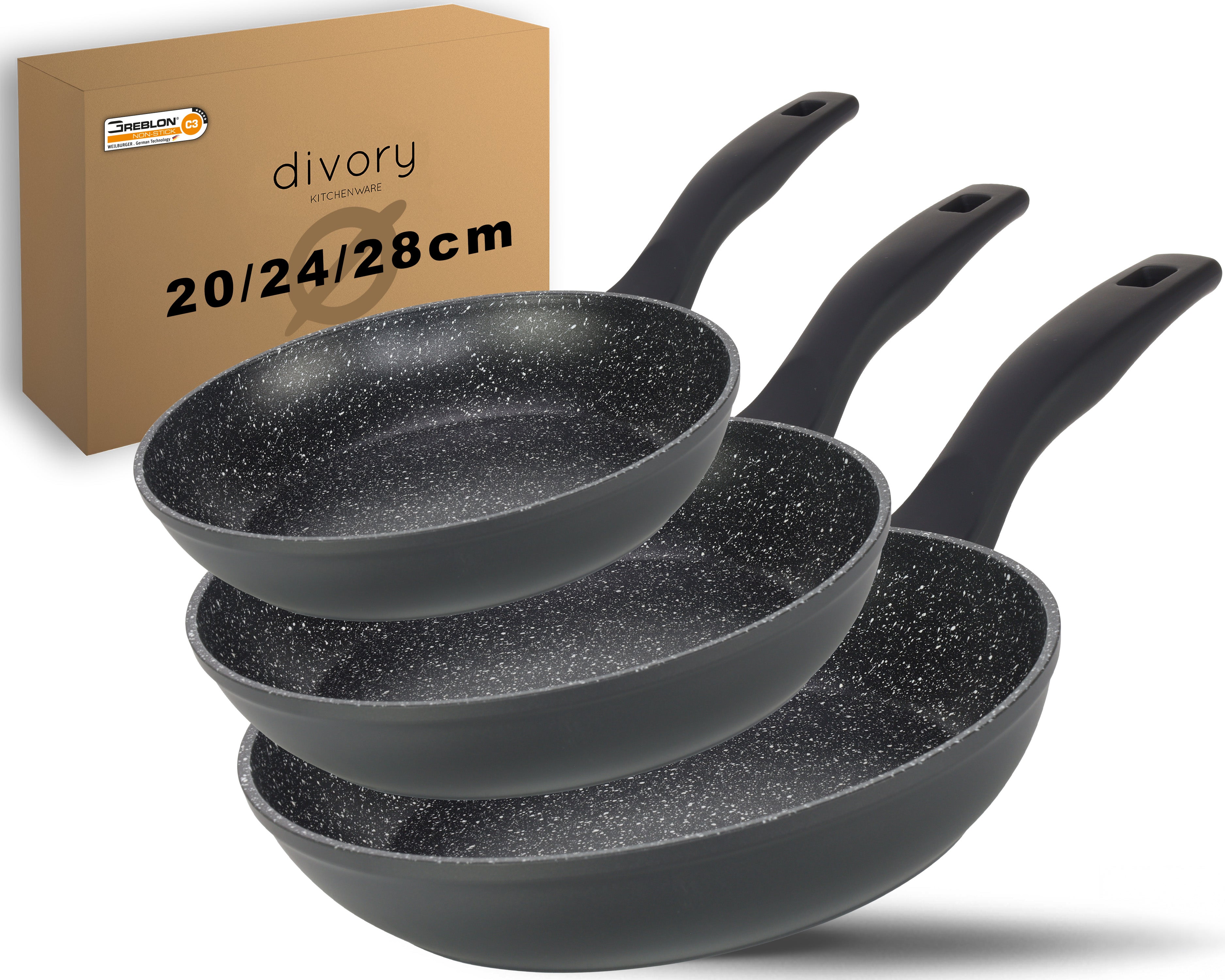DIVORY Bratpfanne Ø 16, 20, 24, 28, 32cm + 2er / 3er Set (Schwarz)