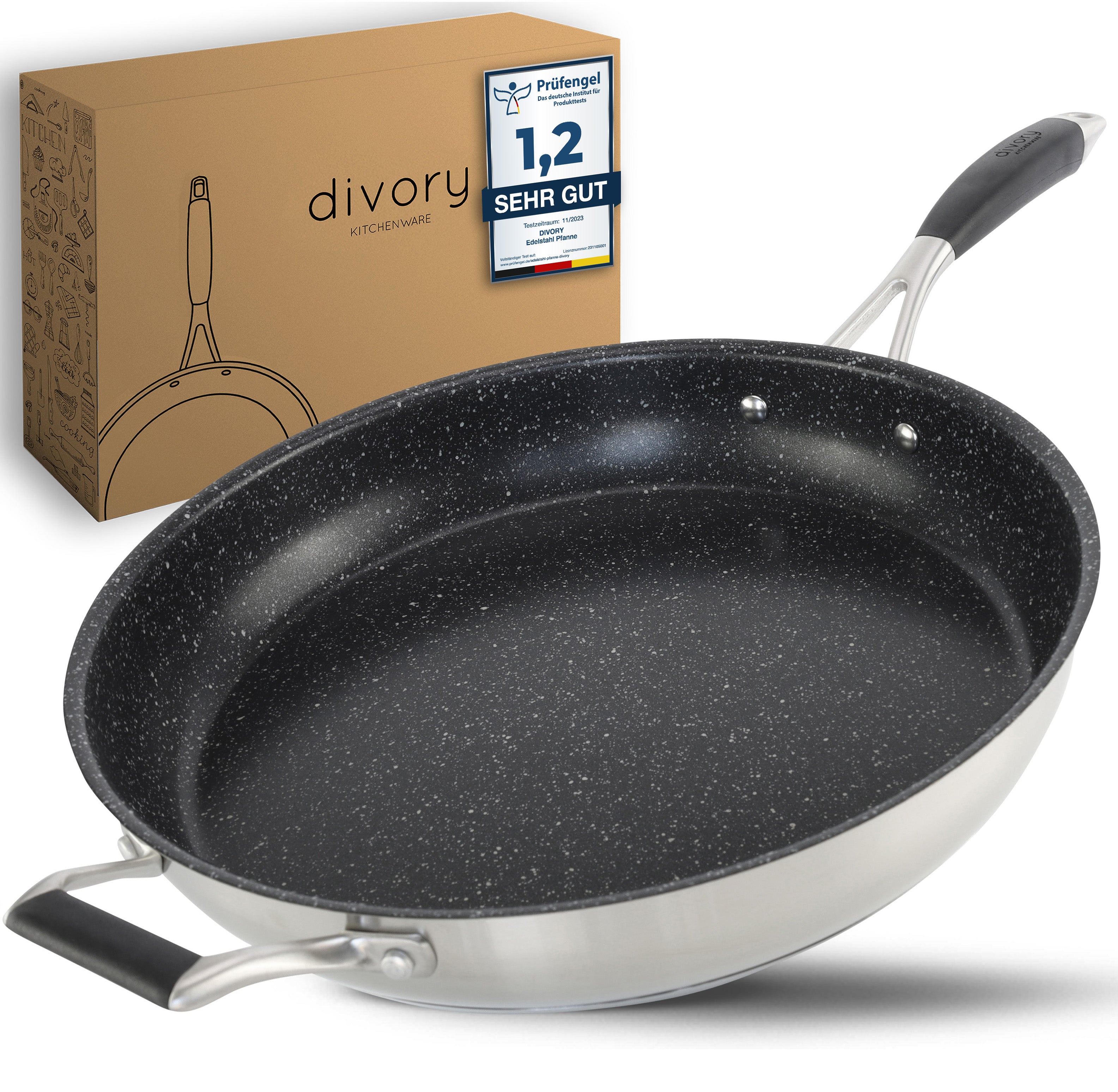 DIVORY Edelstahl Pfanne 20, 24, 28, 32cm Induktion (Griff: Silber)