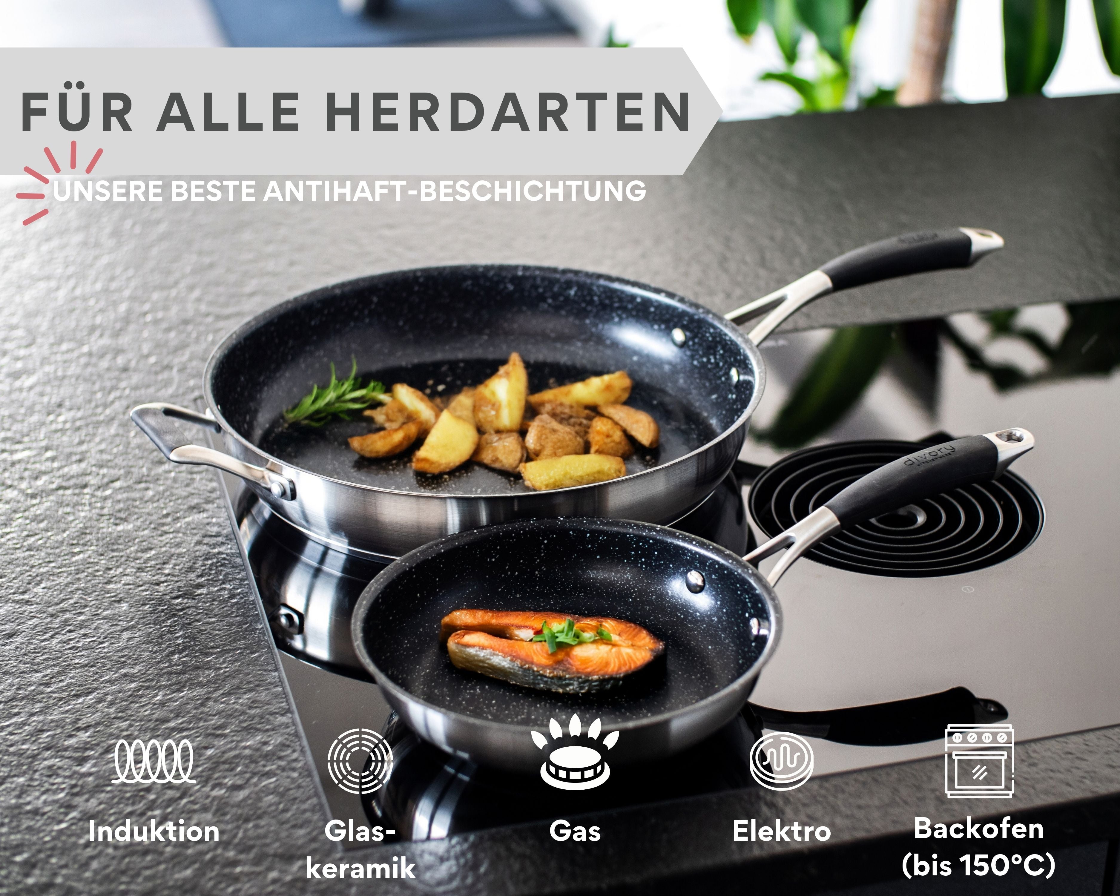 DIVORY beschichtete Edelstahl Pfanne 20, 24, 28, 32cm Induktion