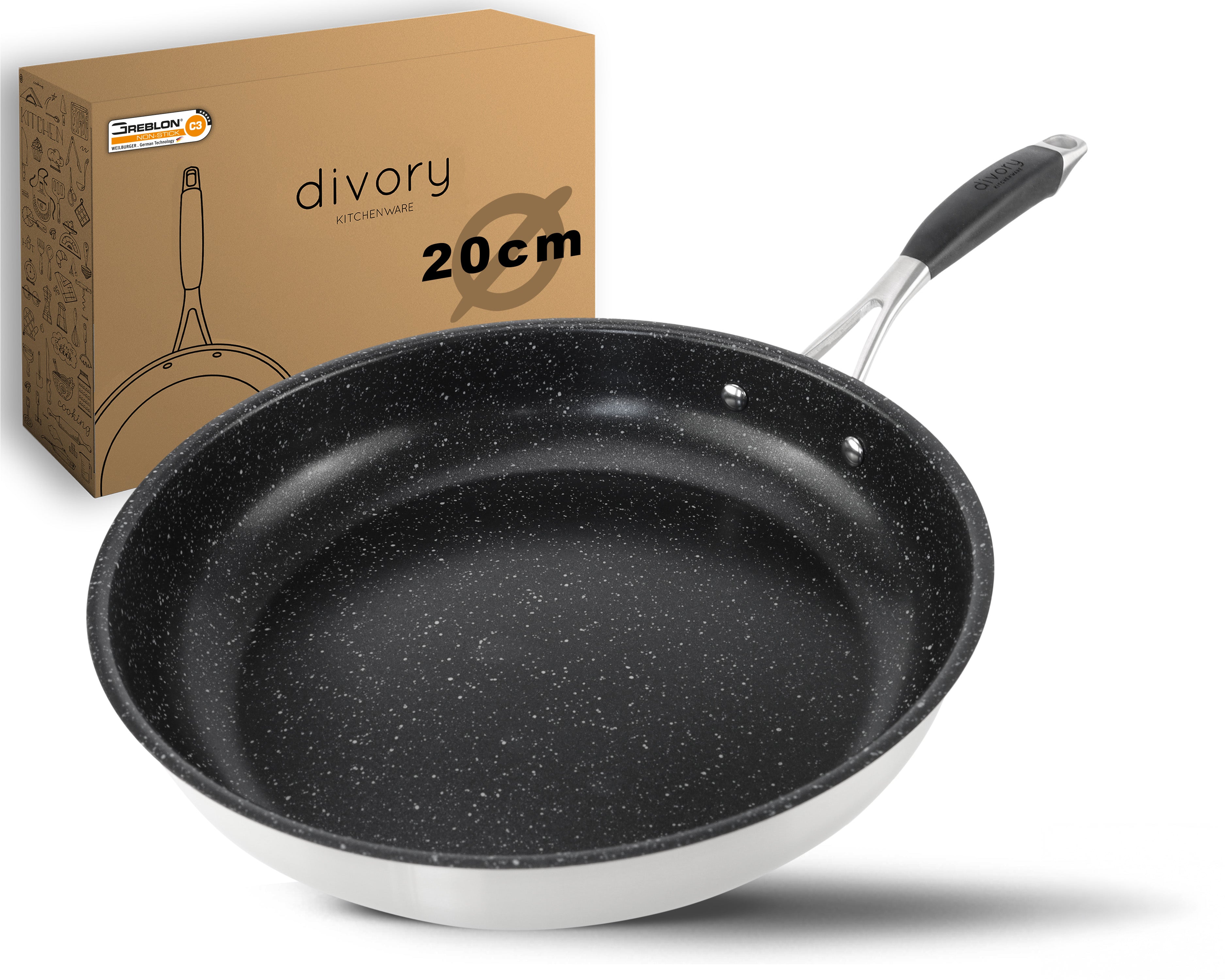 DIVORY beschichtete Edelstahl Pfanne 20, 24, 28, 32cm Induktion