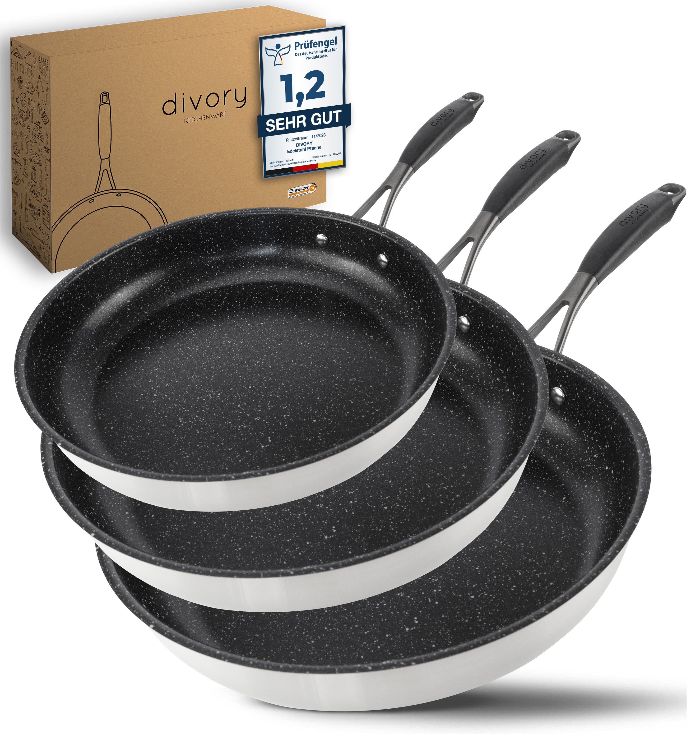 DIVORY Edelstahl Pfanne 20, 24, 28, 32cm Induktion (Griff: Schwarz)