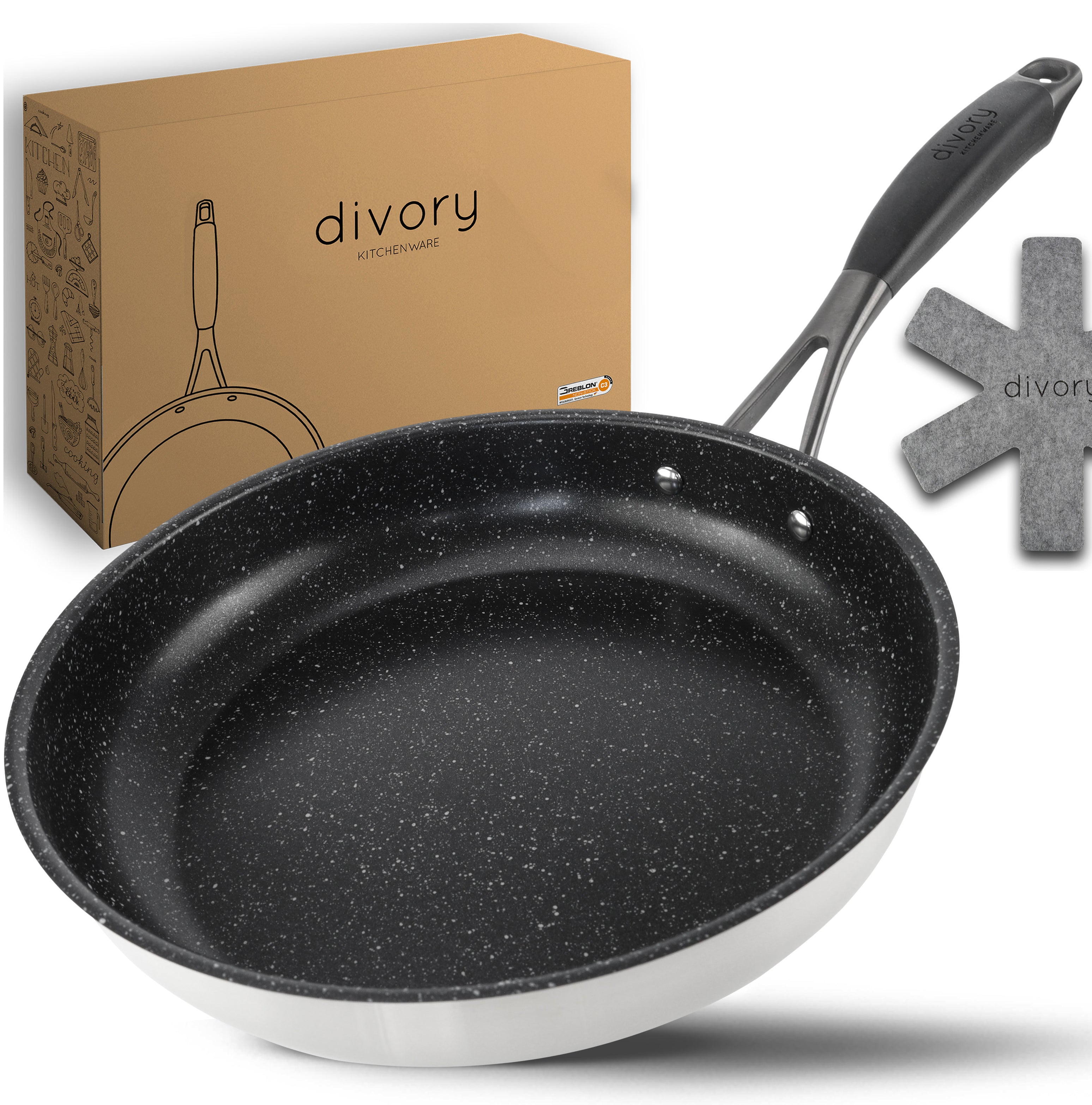 DIVORY Edelstahl Pfanne 20, 24, 28, 32cm Induktion (Griff: Schwarz)