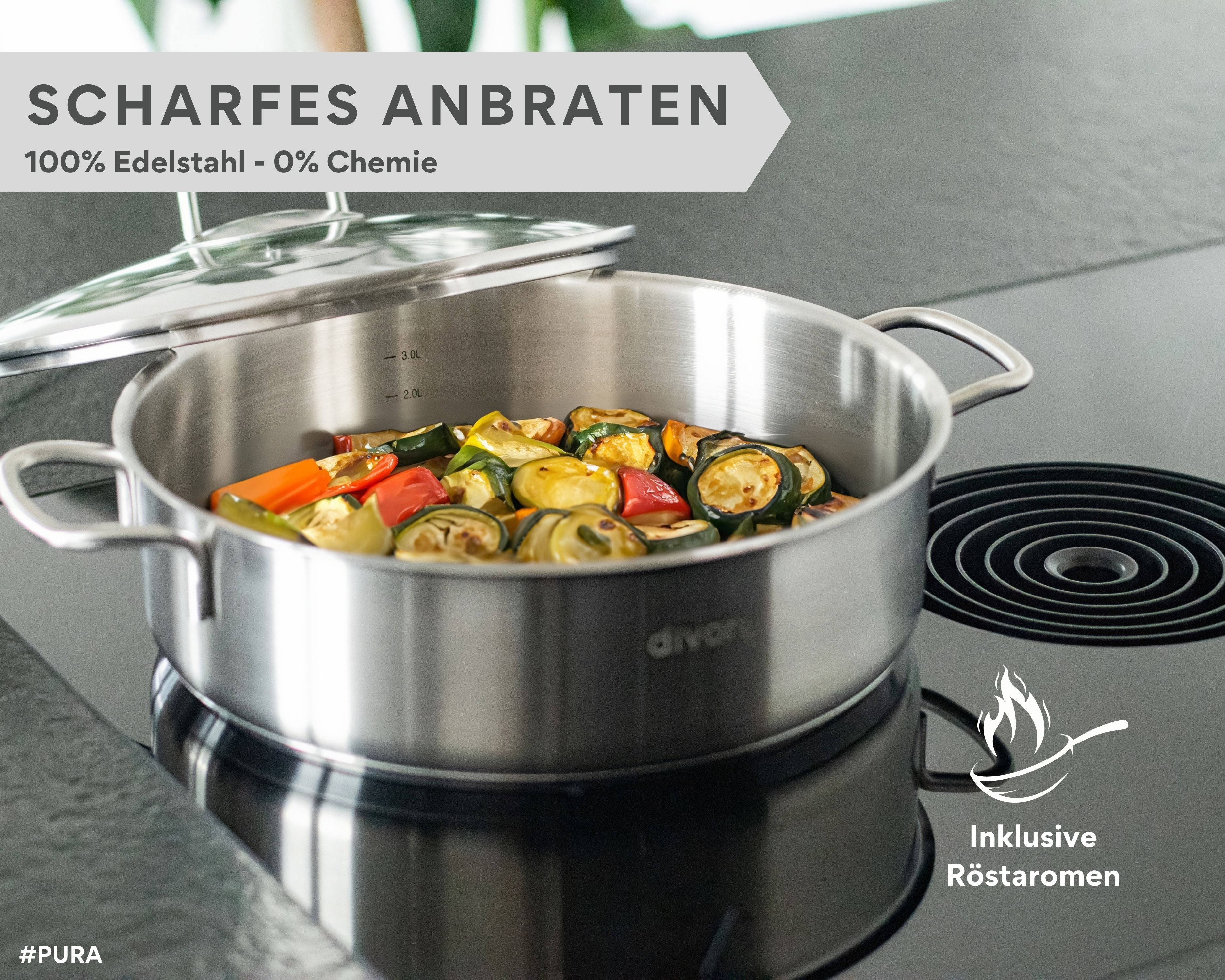 Edelstahl Schmorpfanne 28cm Induktion, Servierpfanne mit Deckel 4,6l – unbeschichtete Servierpfanne