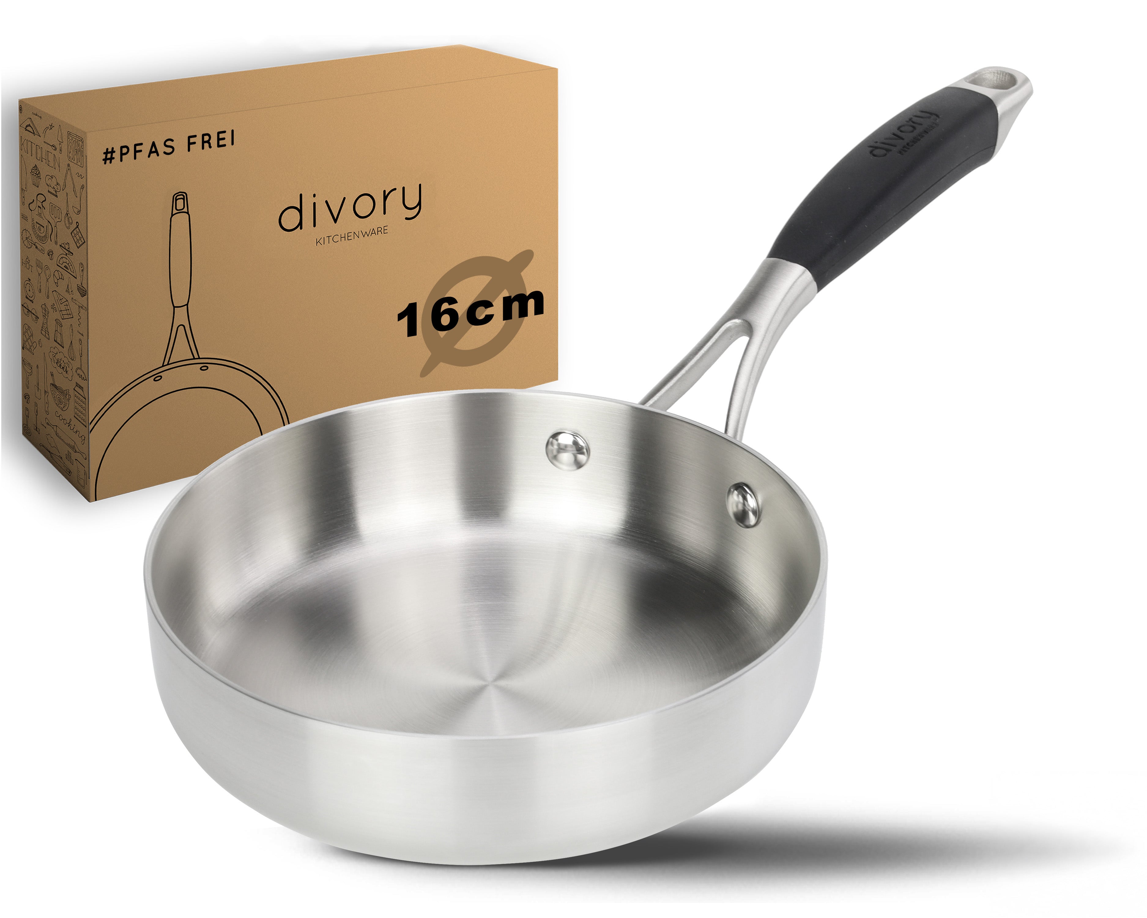DIVORY unbeschichtete Edelstahl Pfanne 20, 24, 28, 32cm Induktion