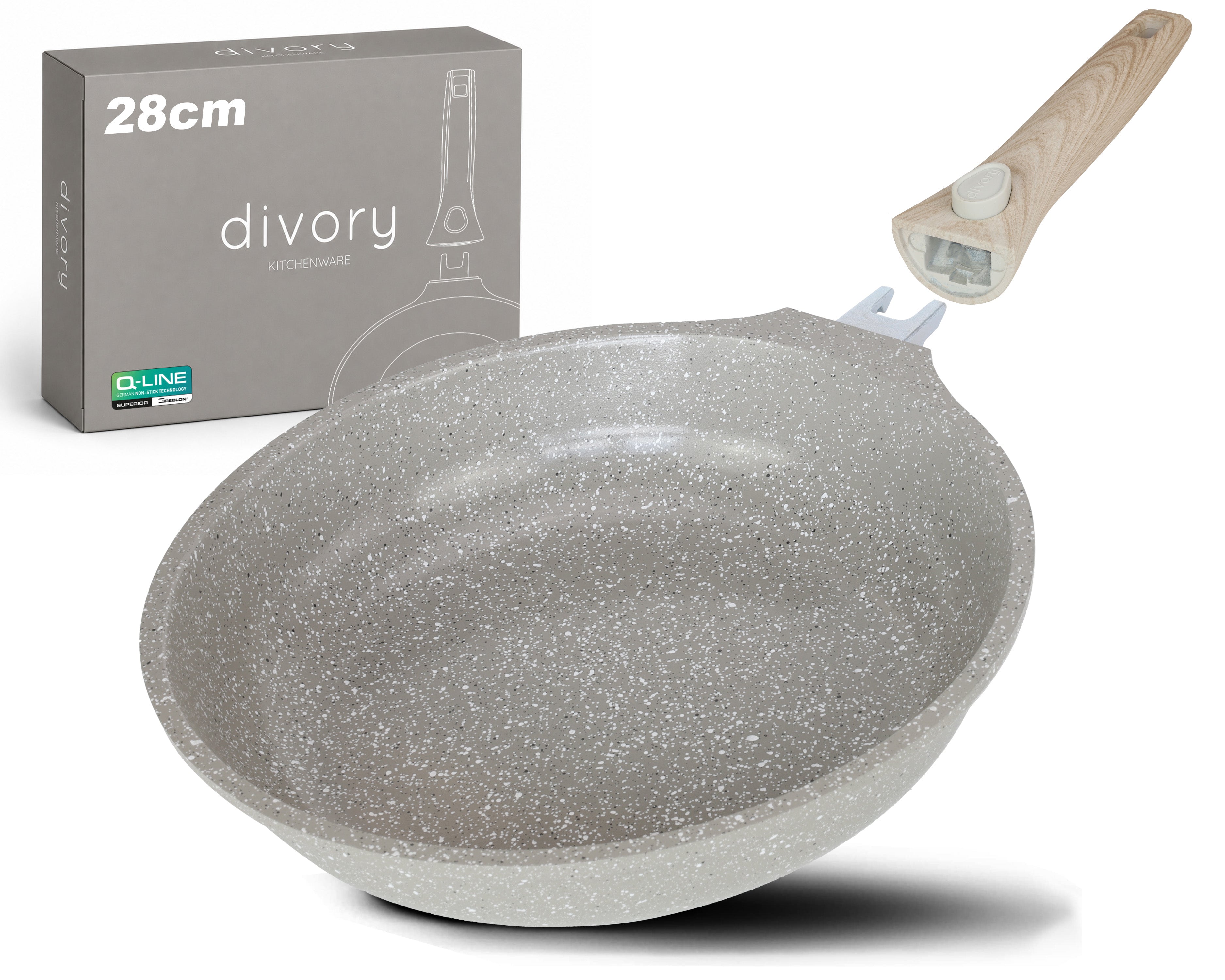 DIVORY Pfanne mit Keramikbeschichtung und abnehmbarem Griff, für alle Herdarten geeignet, PFAS & PTFE frei