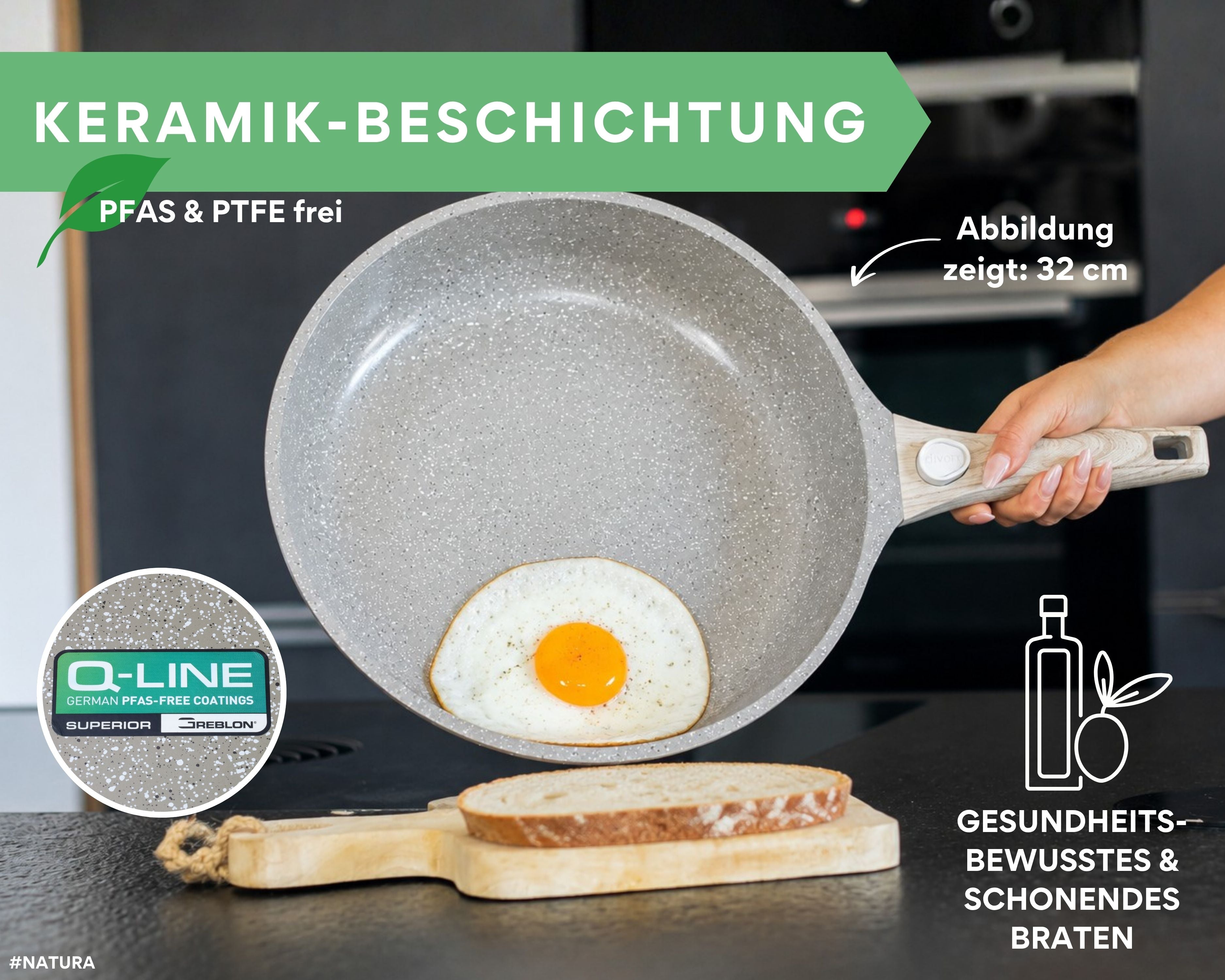 DIVORY Pfanne mit Keramikbeschichtung und abnehmbarem Griff, für alle Herdarten geeignet, PFAS & PTFE frei