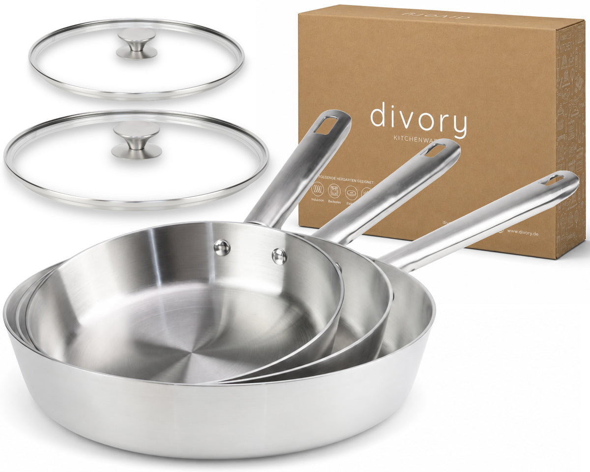 DIVORY unbeschichtete Edelstahl Pfanne 16, 20, 24, 28 cm, Set, Induktion