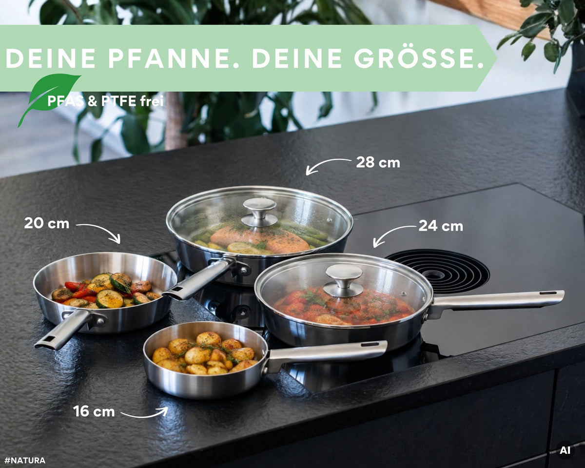 DIVORY unbeschichtete Edelstahl Pfanne 16, 20, 24, 28 cm, Set, Induktion