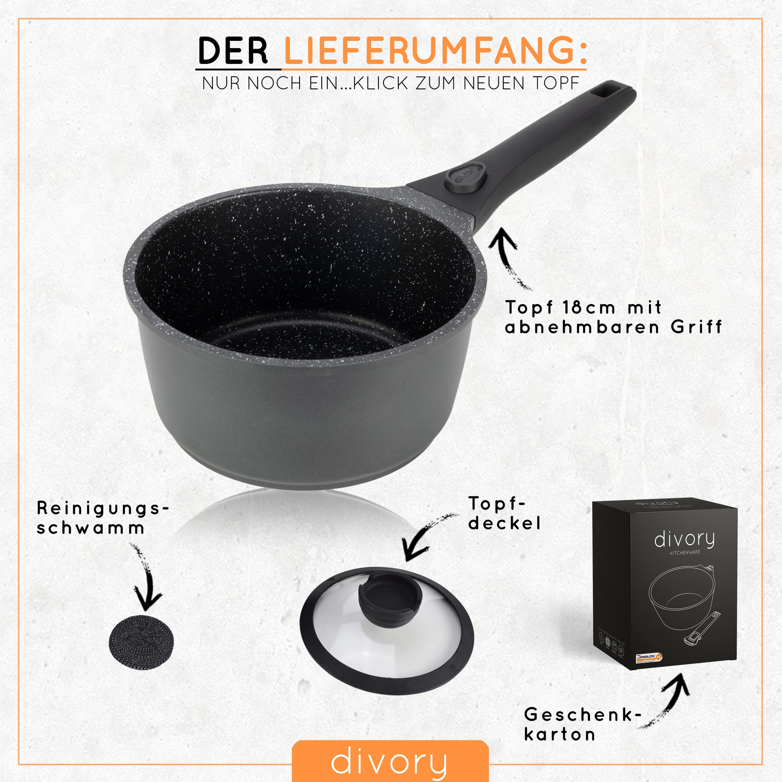 DIVORY Töpfe inkl. Deckel + Pfannensets- 18, 20, 24, 28cm (abnehmbare Griffe)