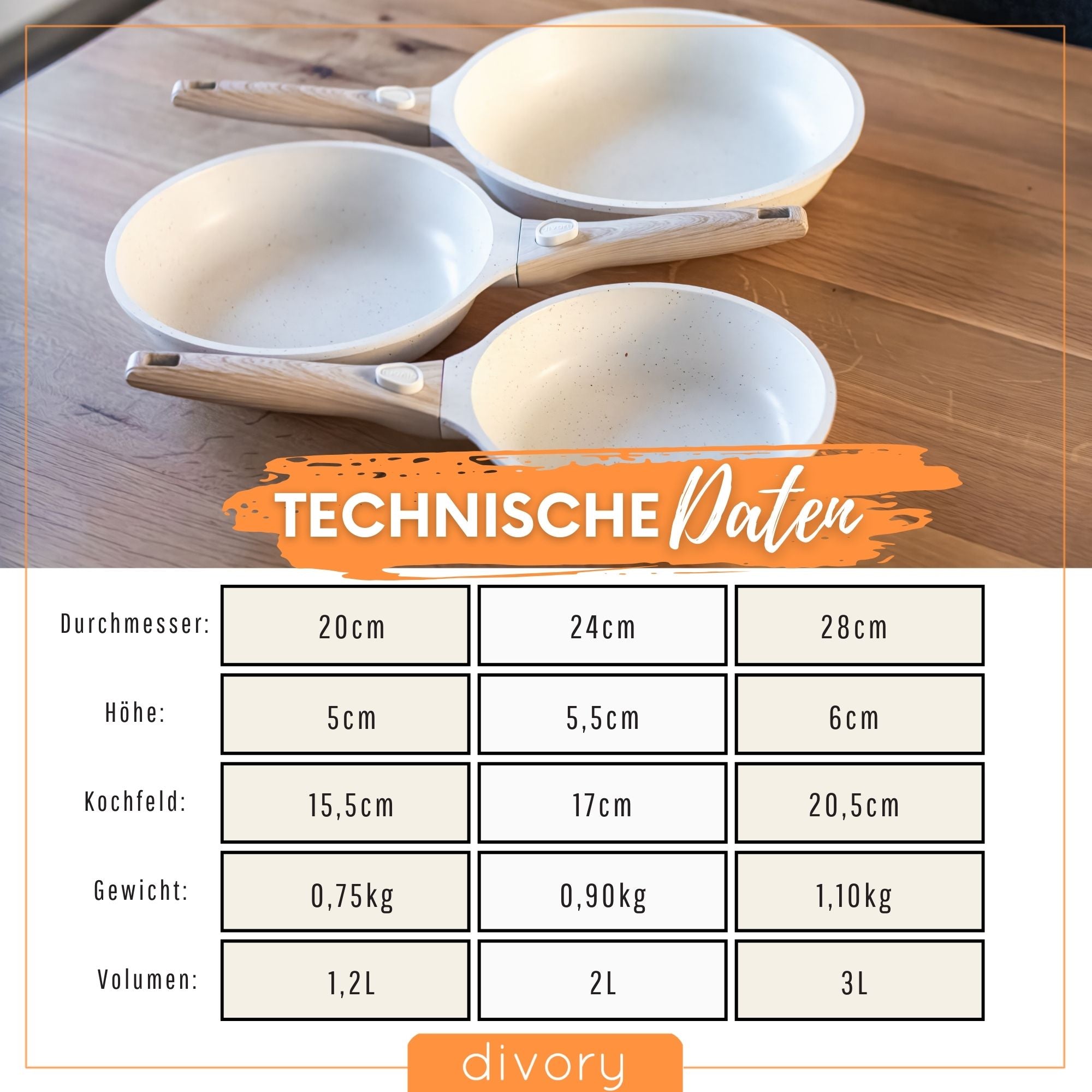 DIVORY - Pfanne abnehmbarer Griff - Beige (20, 24, 28cm & 3er Set)