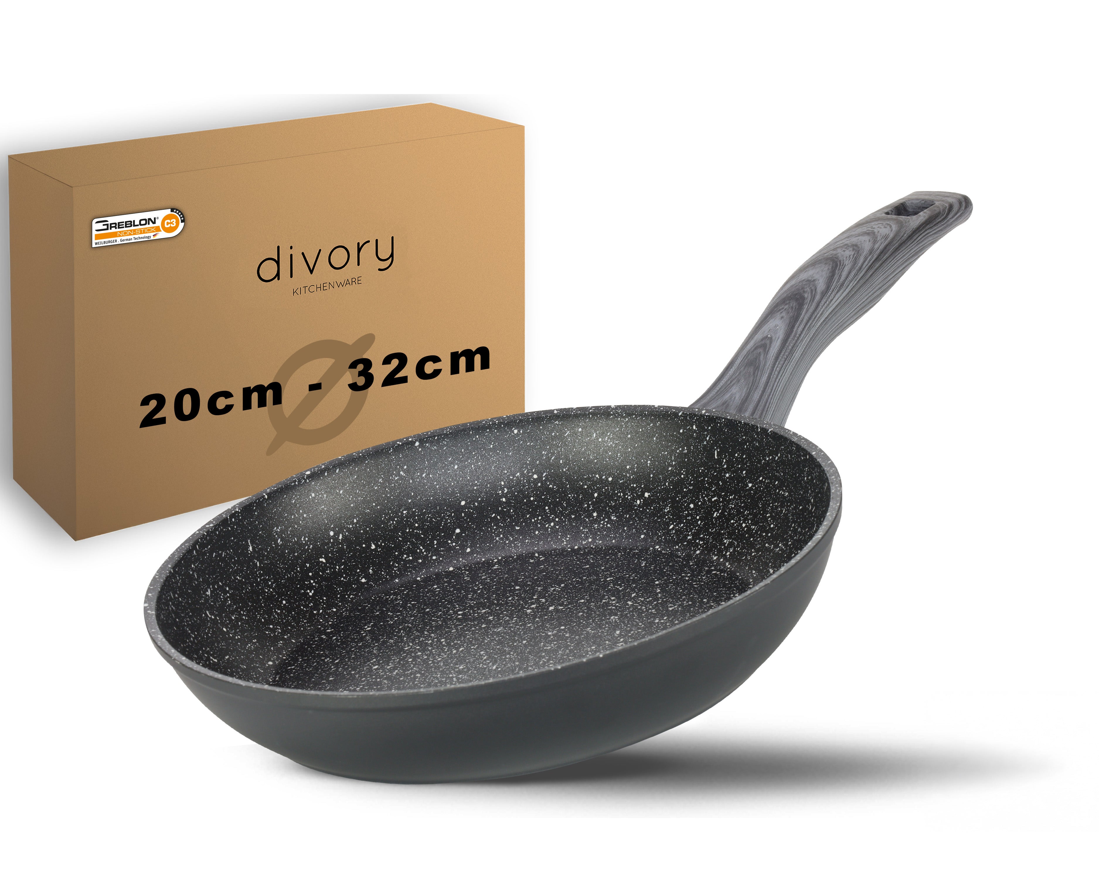 DIVORY Bratpfanne Ø 16, 20, 24, 28, 32cm + 2ER / 3er Set (Graues Holz)