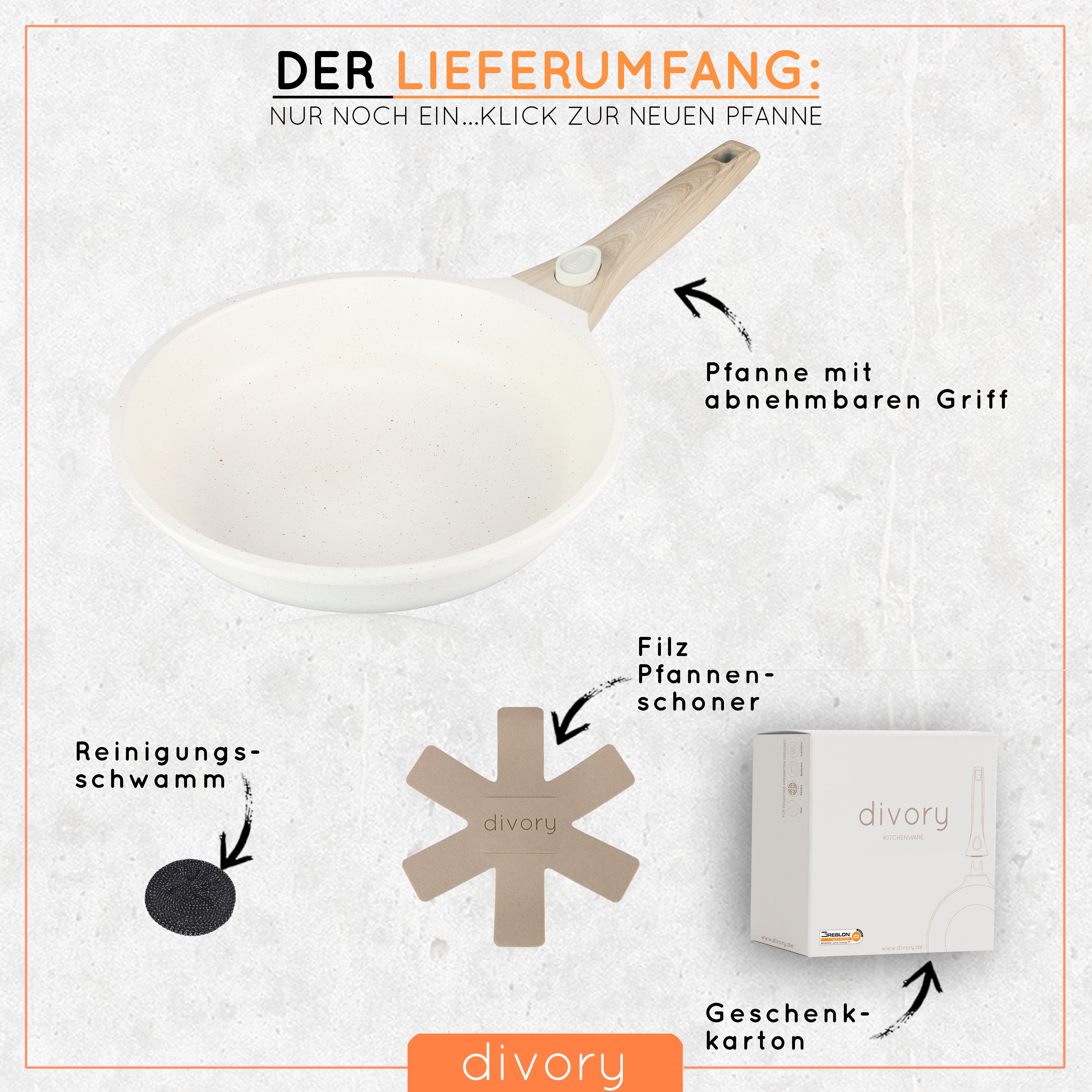 DIVORY - Pfanne abnehmbarer Griff - Beige (20, 24, 28cm & 3er Set)