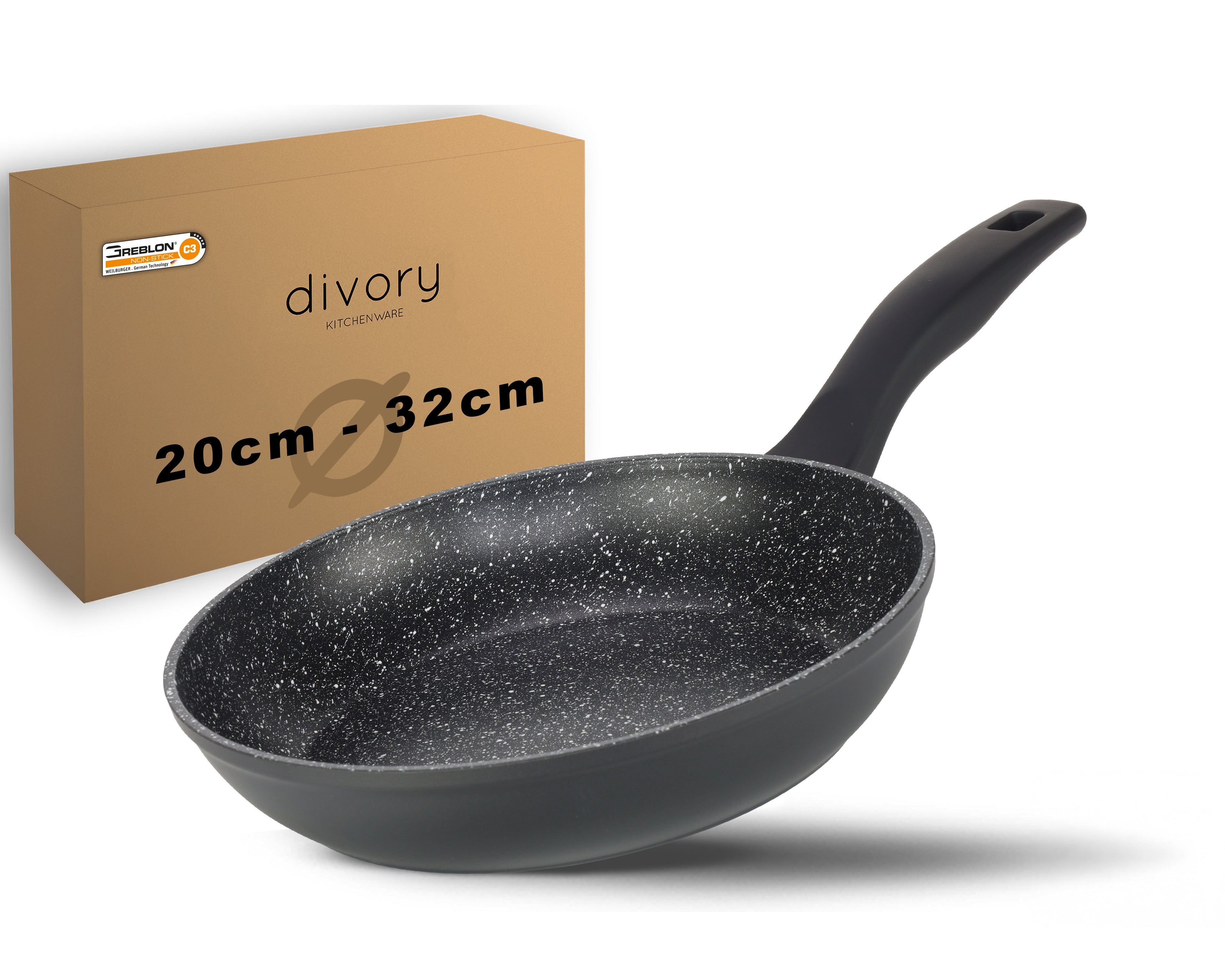 DIVORY Bratpfanne Ø 16, 20, 24, 28, 32cm + 2er / 3er Set (Schwarz)